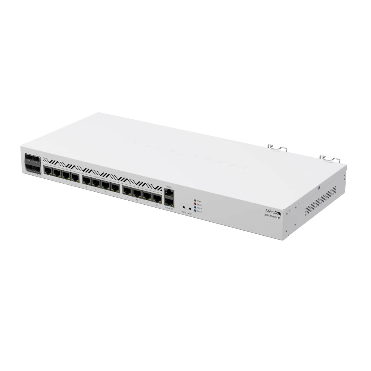 Biały router MikroTik z 12 portami Ethernet i diodami statusu.