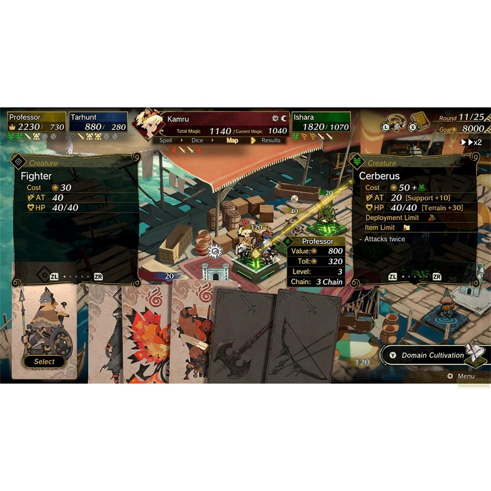 Écran de RPG stratégique affichant statistiques, créatures et menus du jeu.