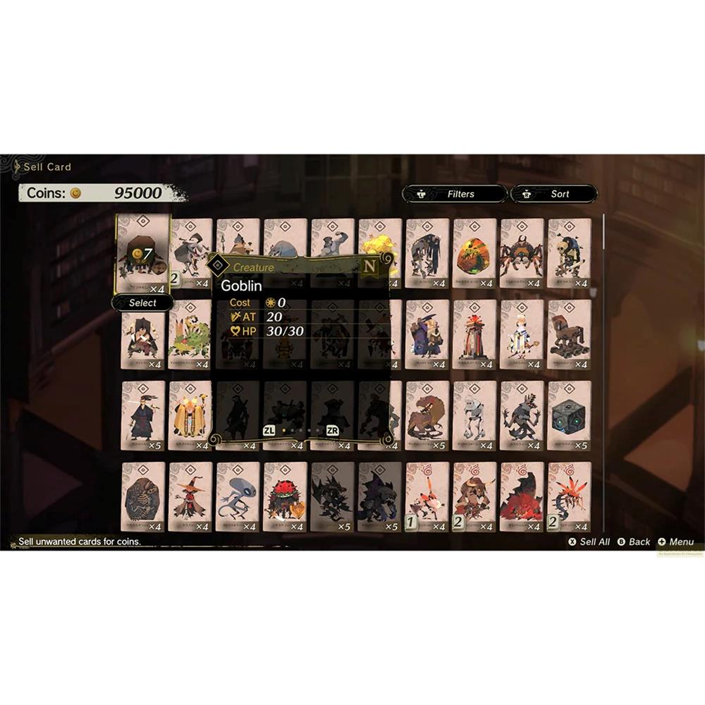 Un écran affiche une collection de cartes avec 95000 pièces. Une carte 'Goblin' est sélectionnée.