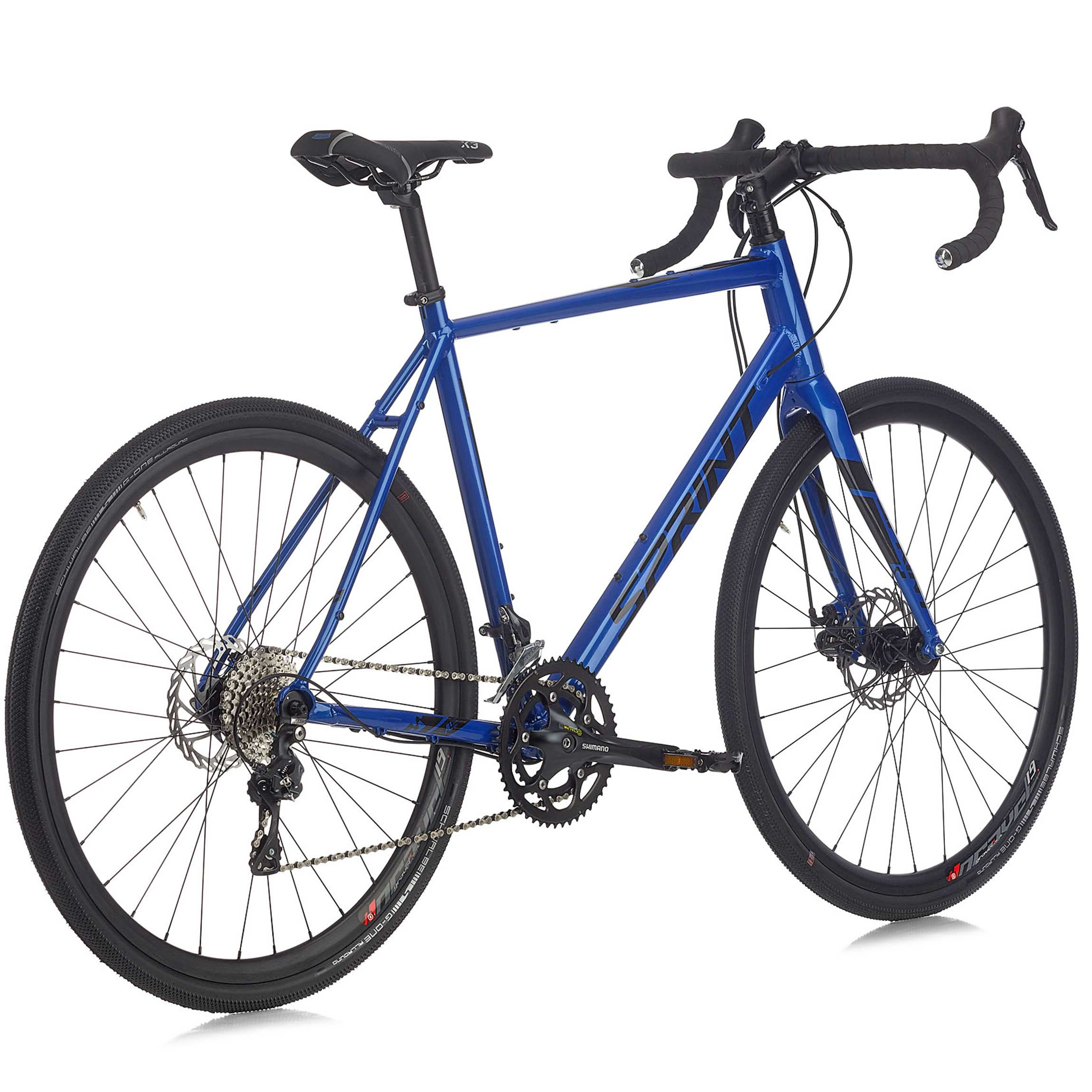 Ein blauer Gravelbike mit schwarzen Reifen, Felgen und Lenker.