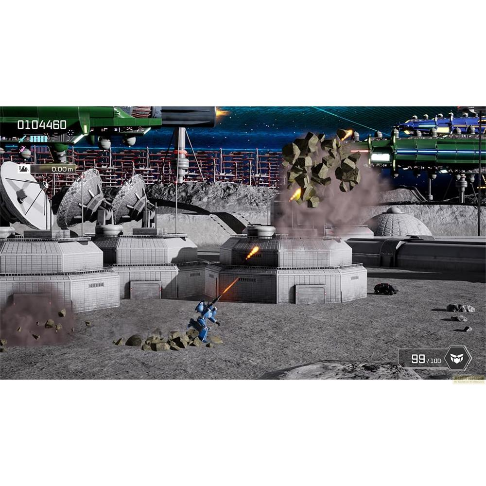 Un mech blu spara a una base lunare. Le rocce volano.