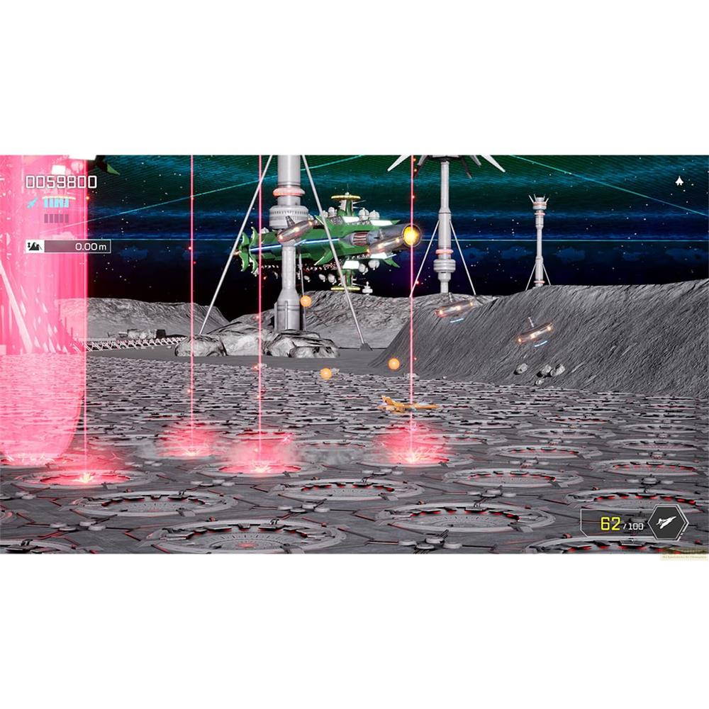 Una stazione spaziale sulla luna con navi verdi e laser rossi.