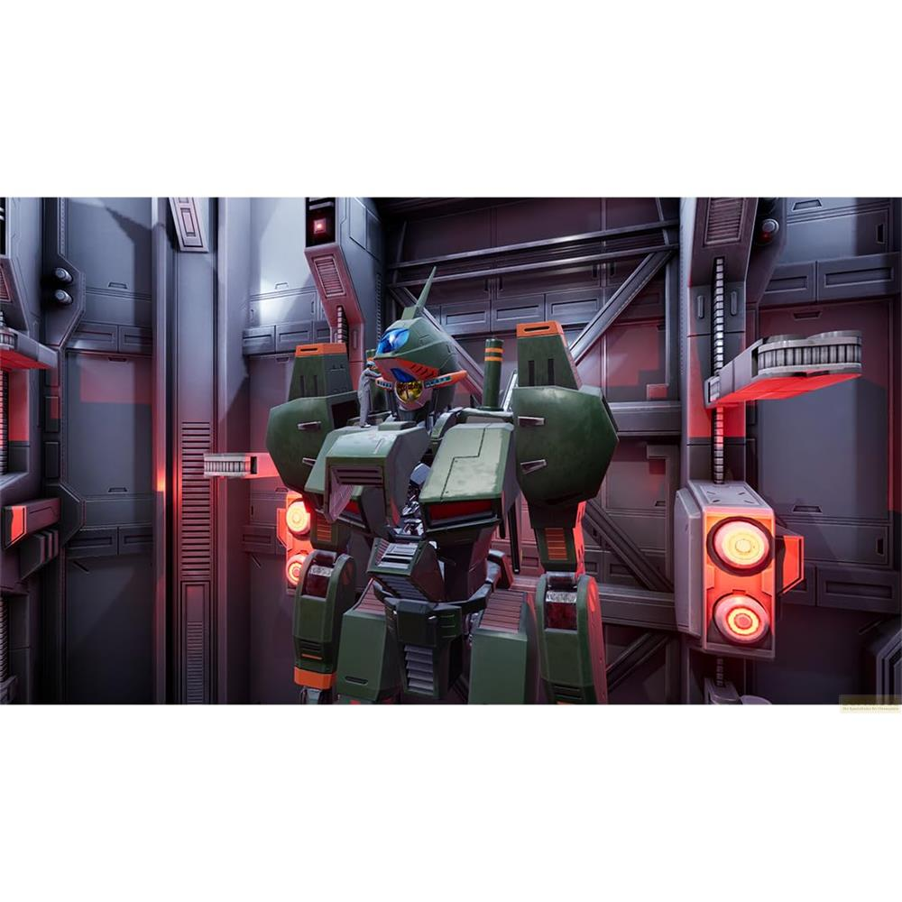 Un mech verde con occhi blu si trova in una stanza con luci rosse.