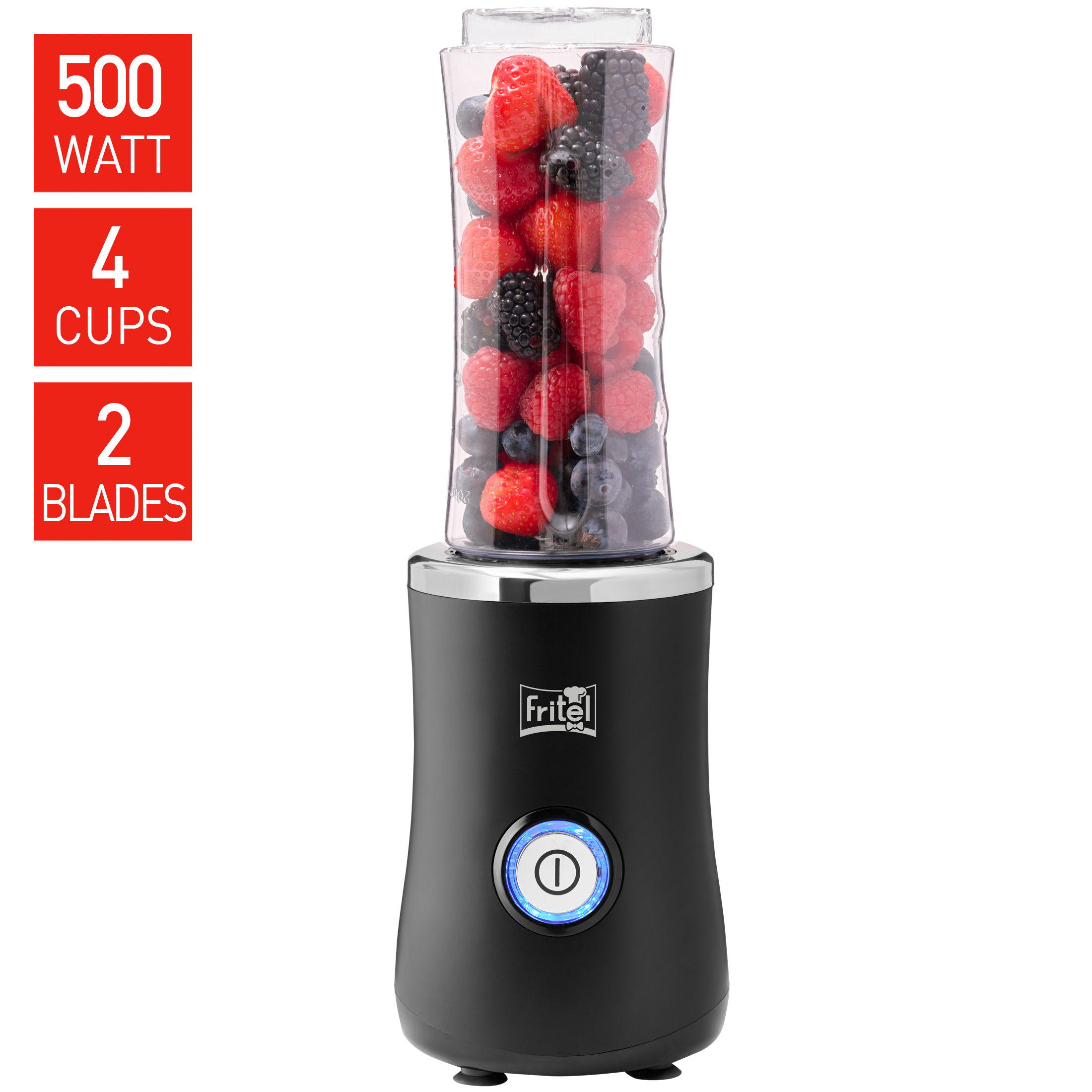 Zwarte blender gevuld met bessen, met rode infoborden.