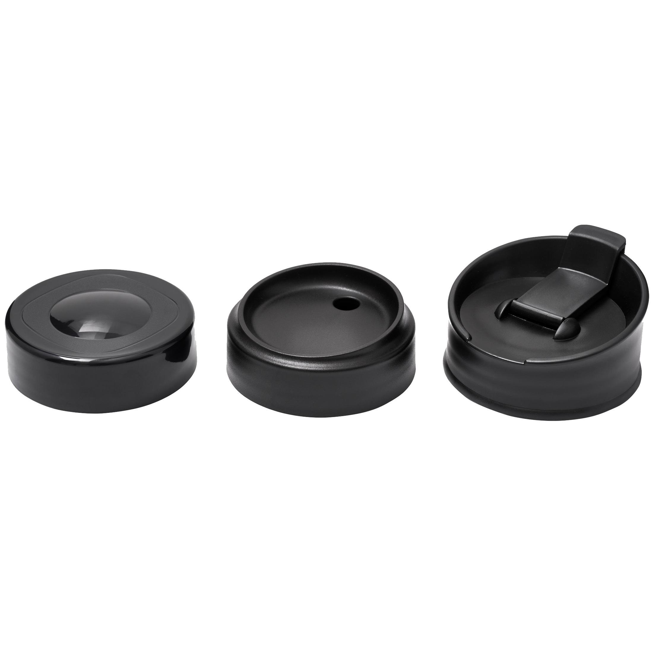Drie zwarte plastic deksels voor containers, op witte achtergrond.
