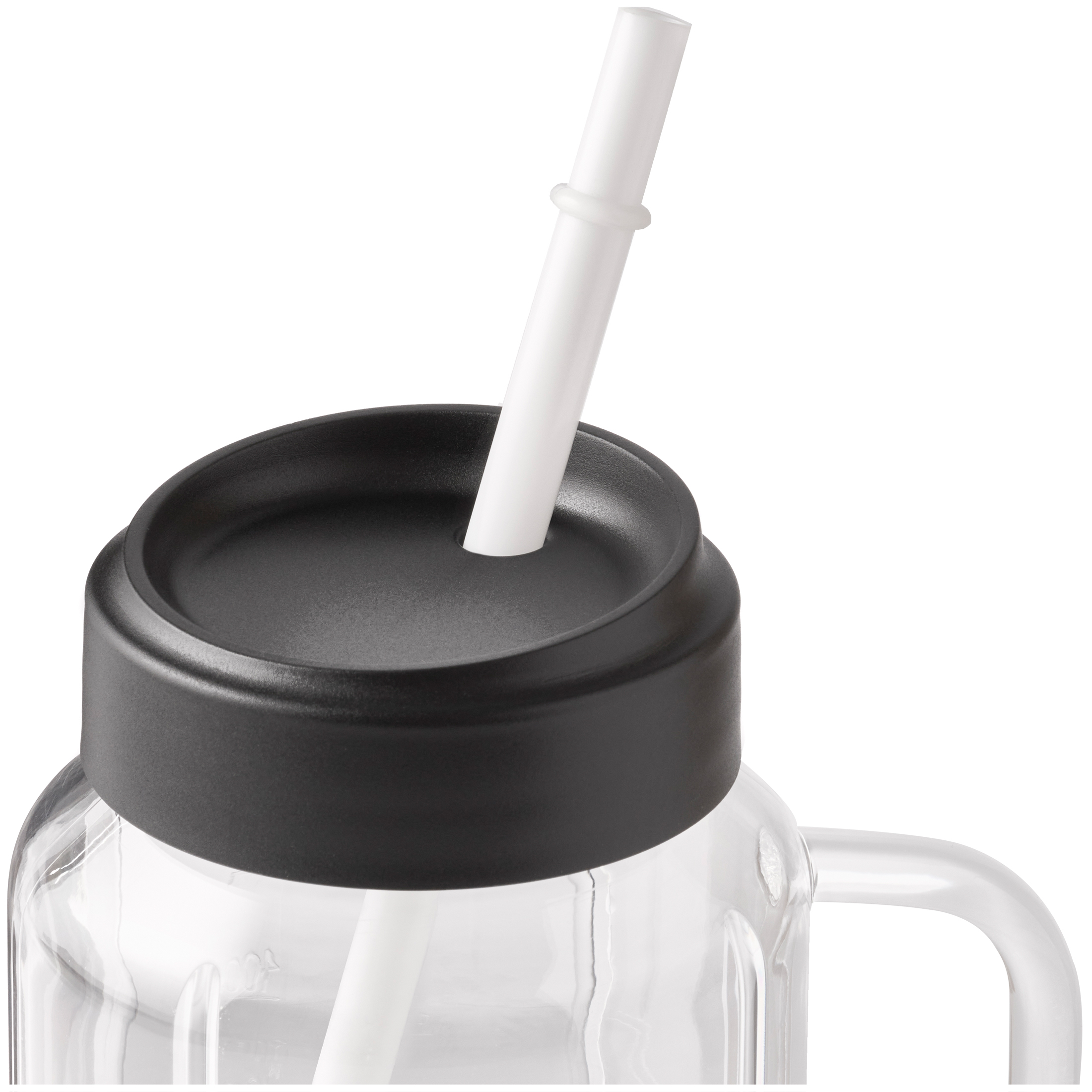 Glazen pot met zwart deksel en witte rietje met ring.
