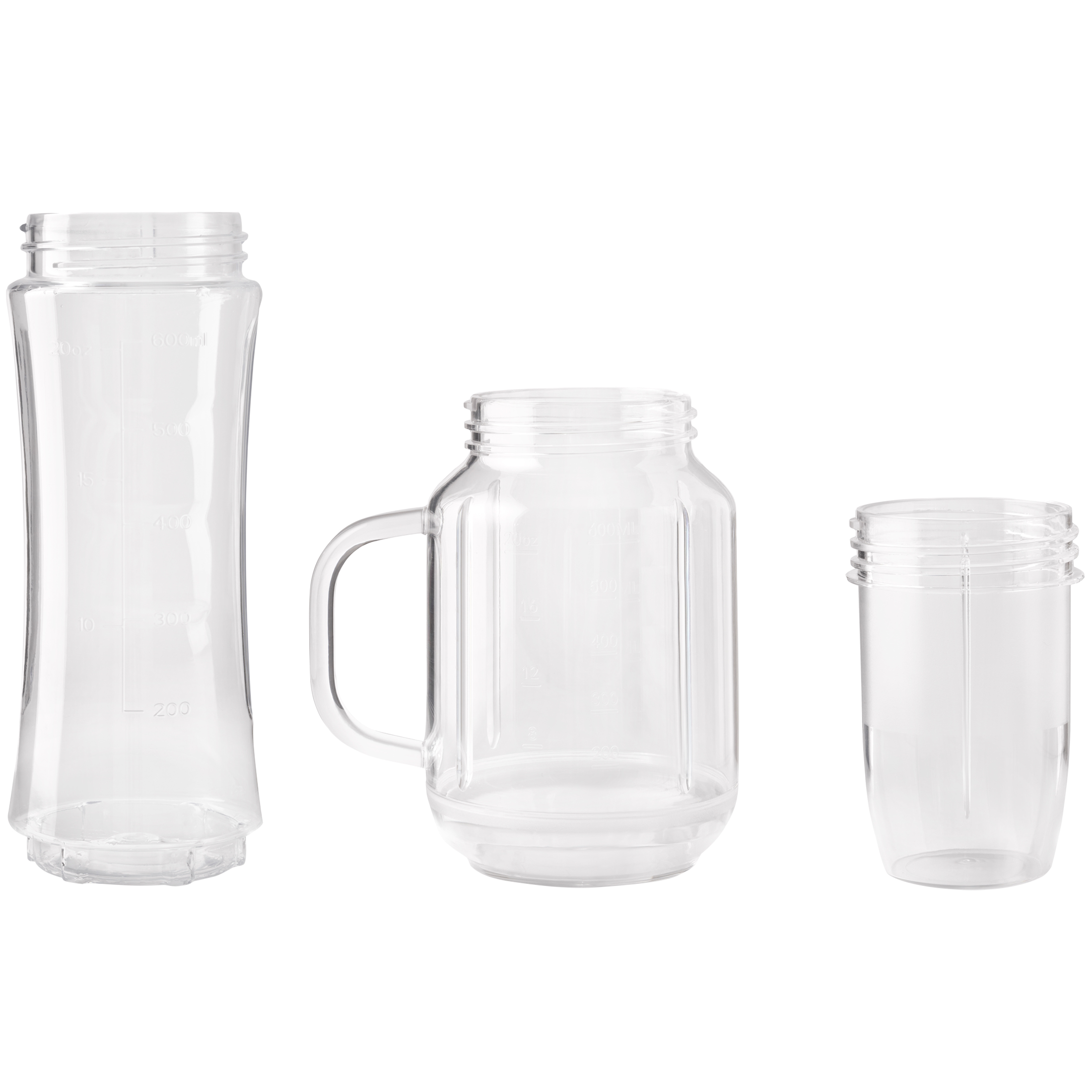 Drie doorzichtige plastic containers met meetmarkeringen, van links naar rechts: hoge beker, mok, korte beker.