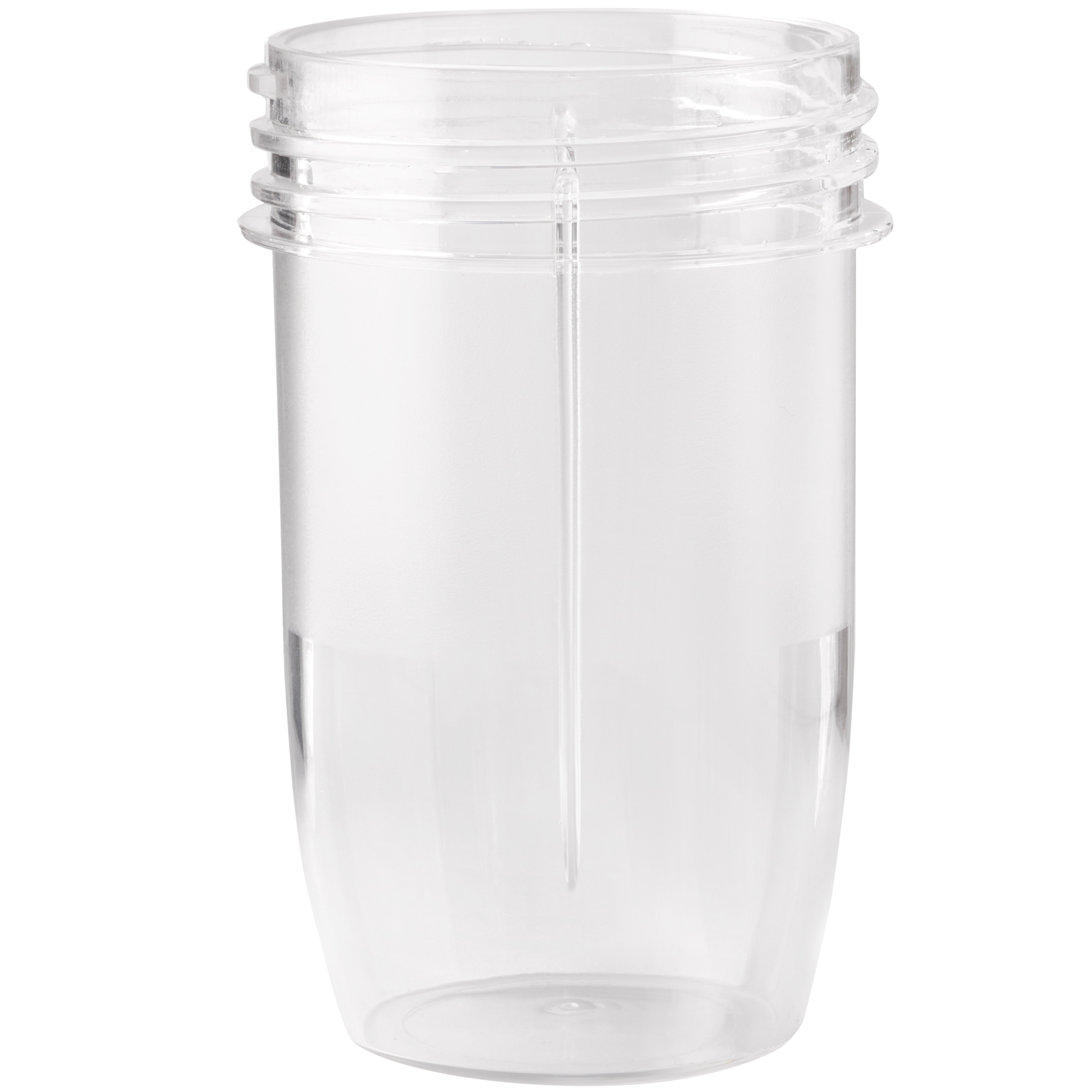 Een doorzichtige plastic beker met schroefdraad aan de bovenkant en een verticale richel.