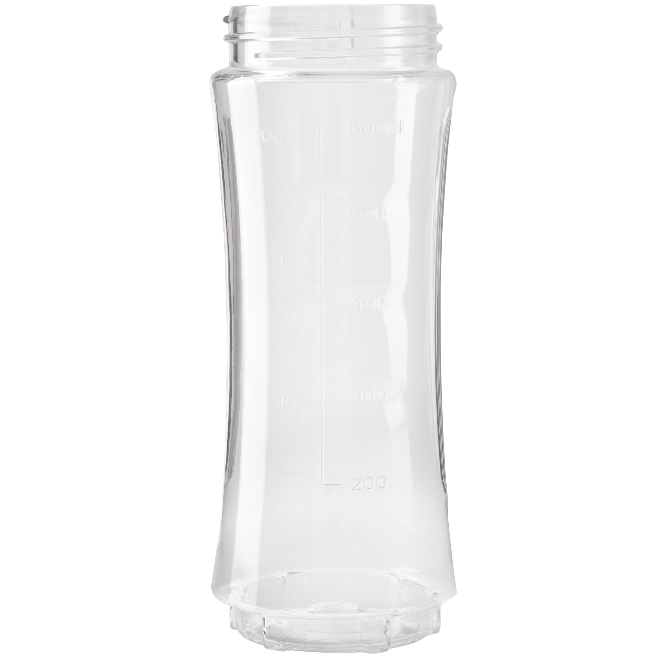 Een doorzichtige, lege maatbeker met markeringen tot 600 ml.