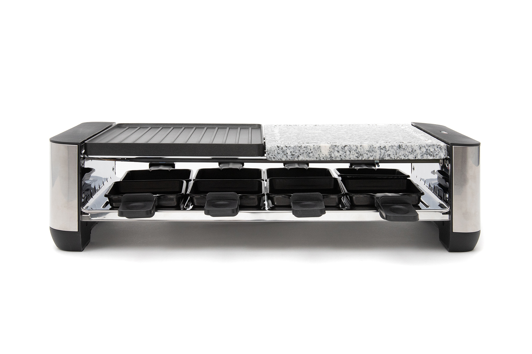A raclette grill with a grill plate and stone plate, eight pans.