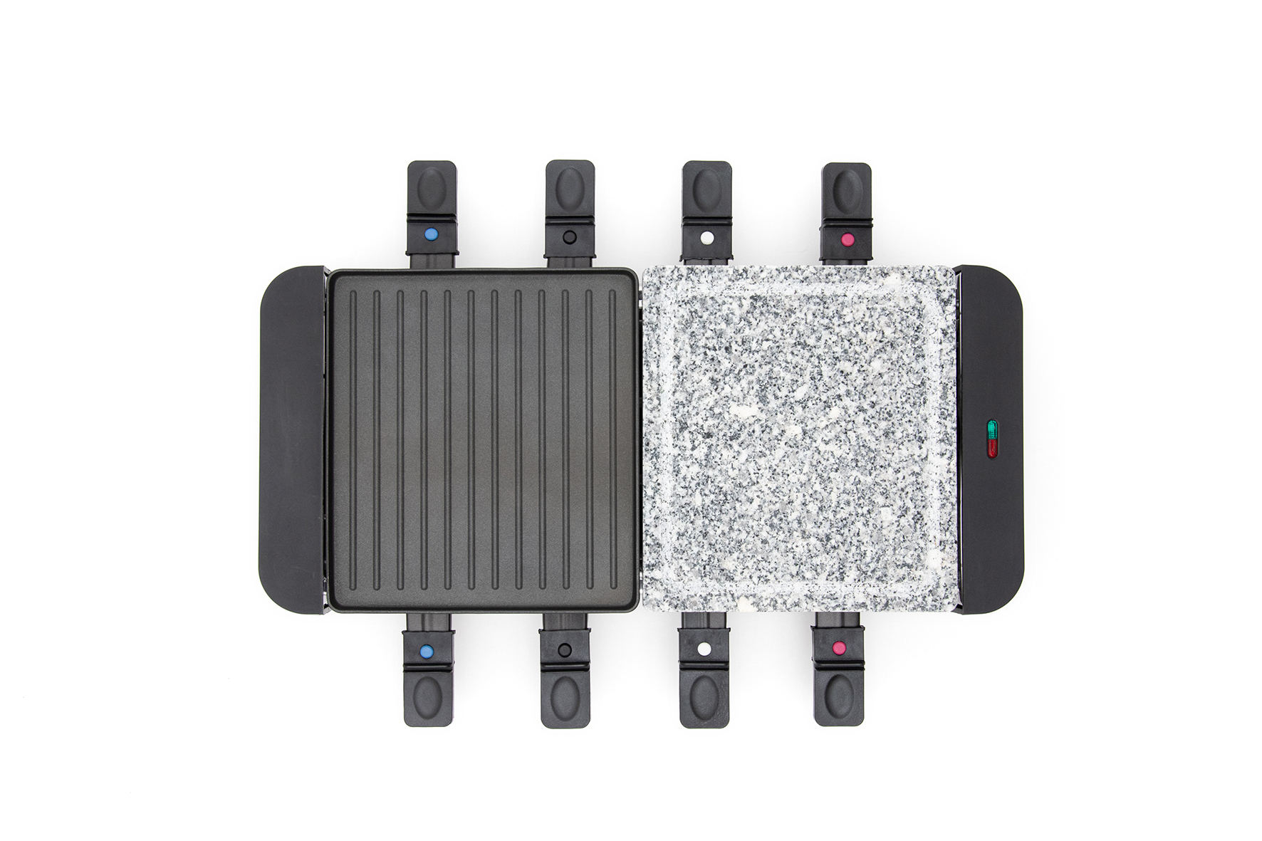 An electric raclette grill with a ribbed grill plate and a stone plate.