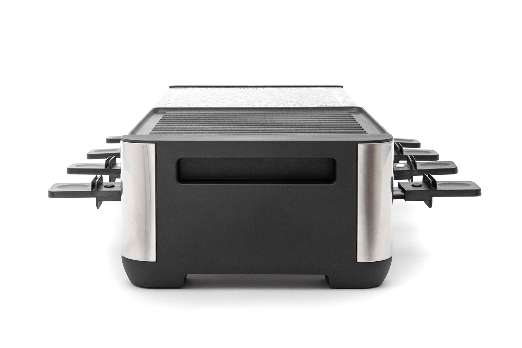A black raclette grill with silver accents and pull-out pans.