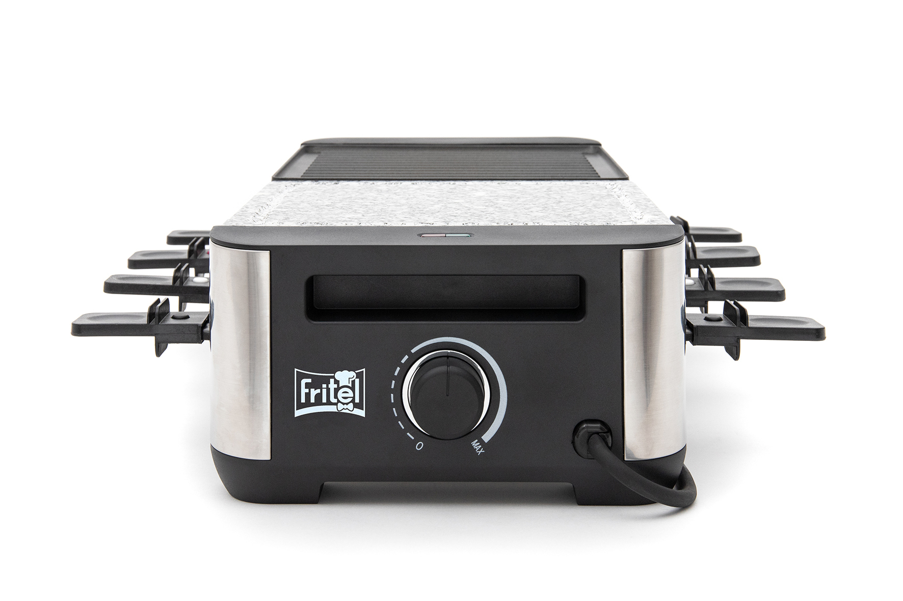 A Fritel raclette grill with a black front, silver accents, and multiple pans.