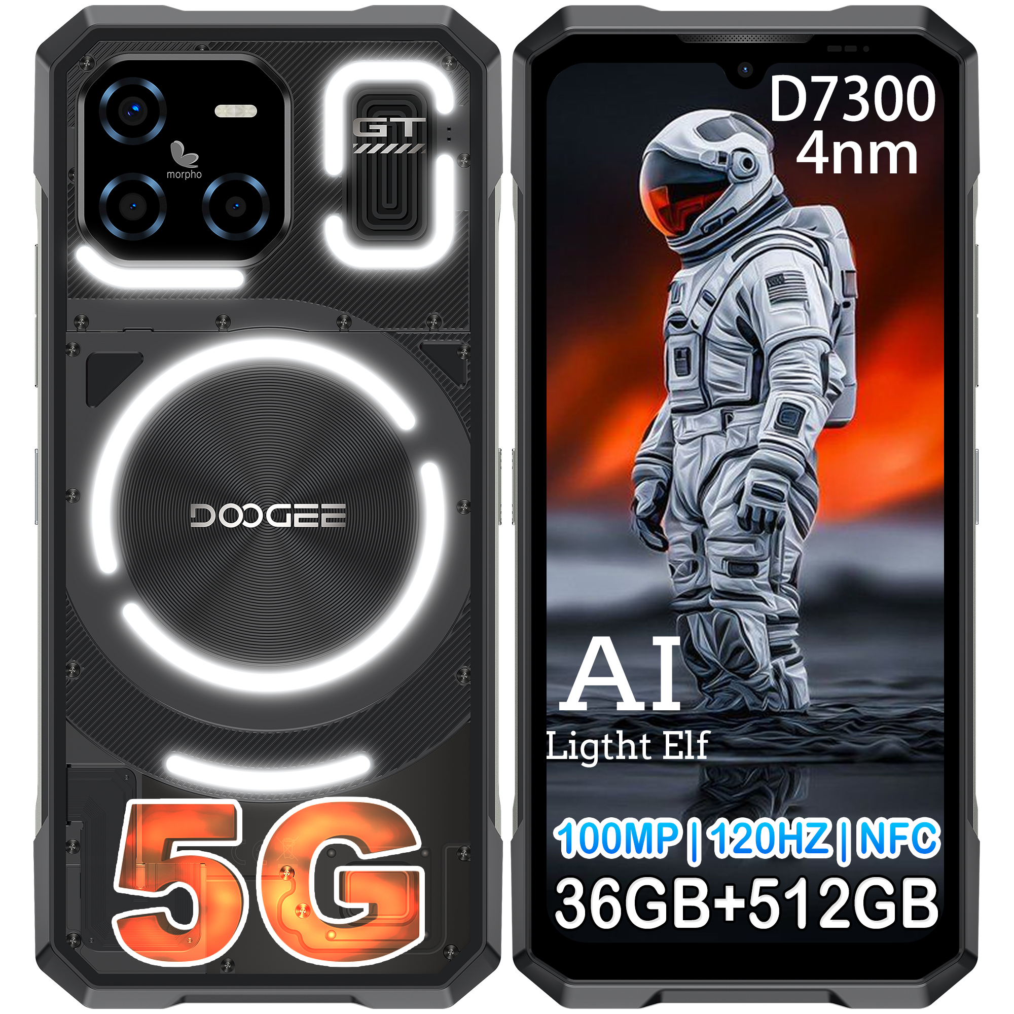 Smartphone mit Astronauten-Design auf dem Bildschirm und "5G" auf der Rückseite.