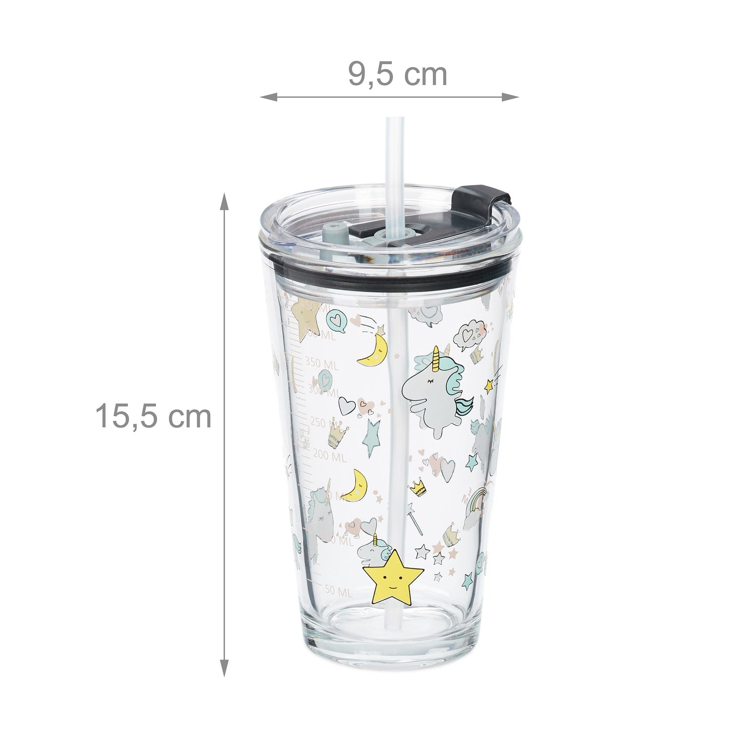 Vaso transparente con diseño de unicornio y estrellas. 15,5 cm alto, 9,5 cm ancho.