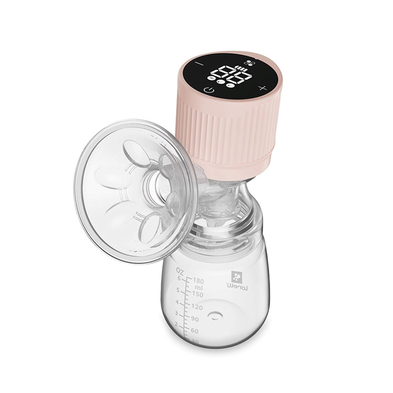 Ein rosa Milchpumpenaufsatz mit Digitalanzeige und Flasche, Maße in ml und oz.