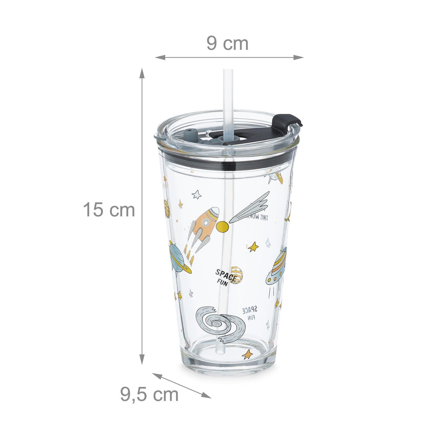 Vaso transparente con tema espacial y pajita. Dimensiones: 15x9x9,5 cm.