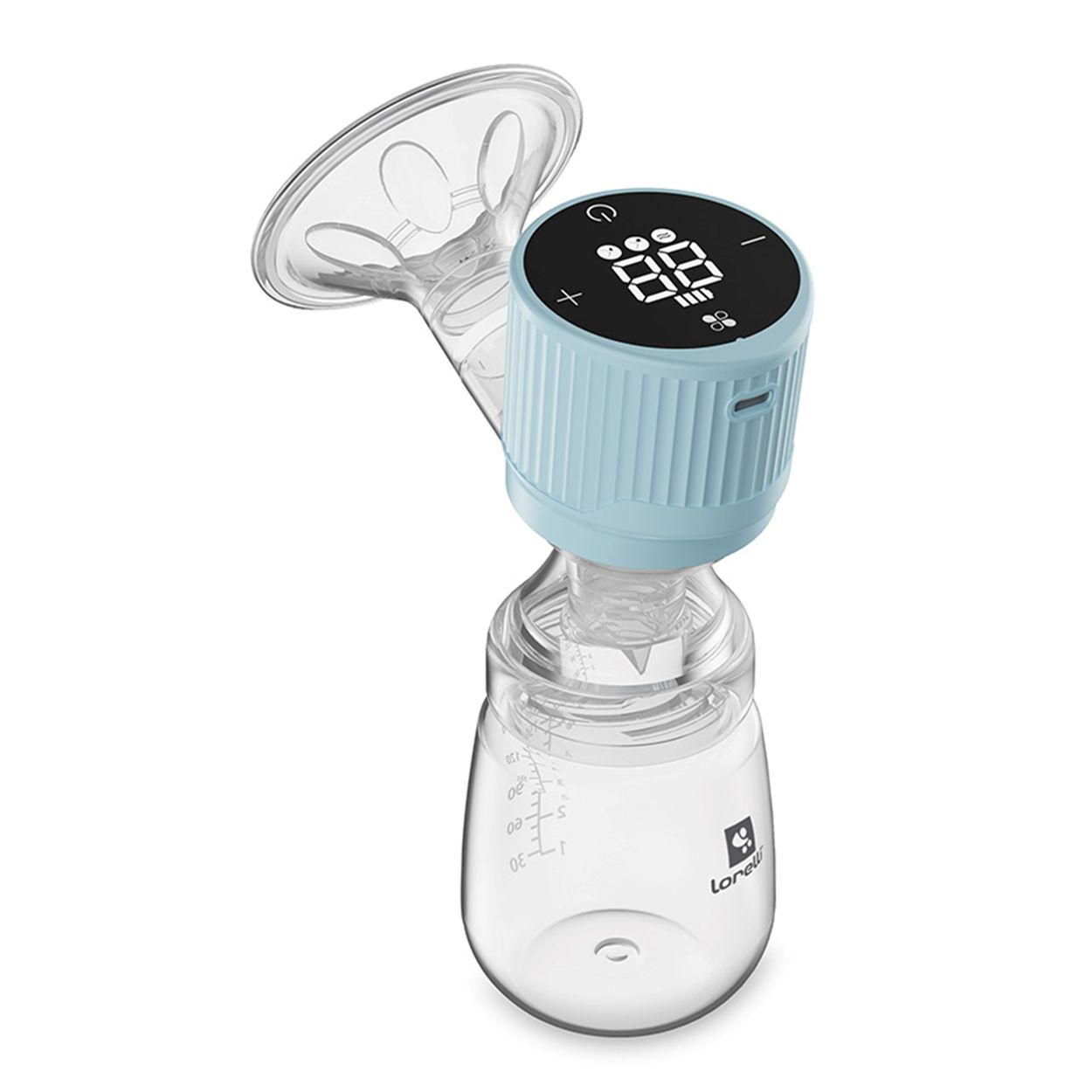 Eine blaue elektrische Milchpumpe mit digitalem Display und klarer Flasche.