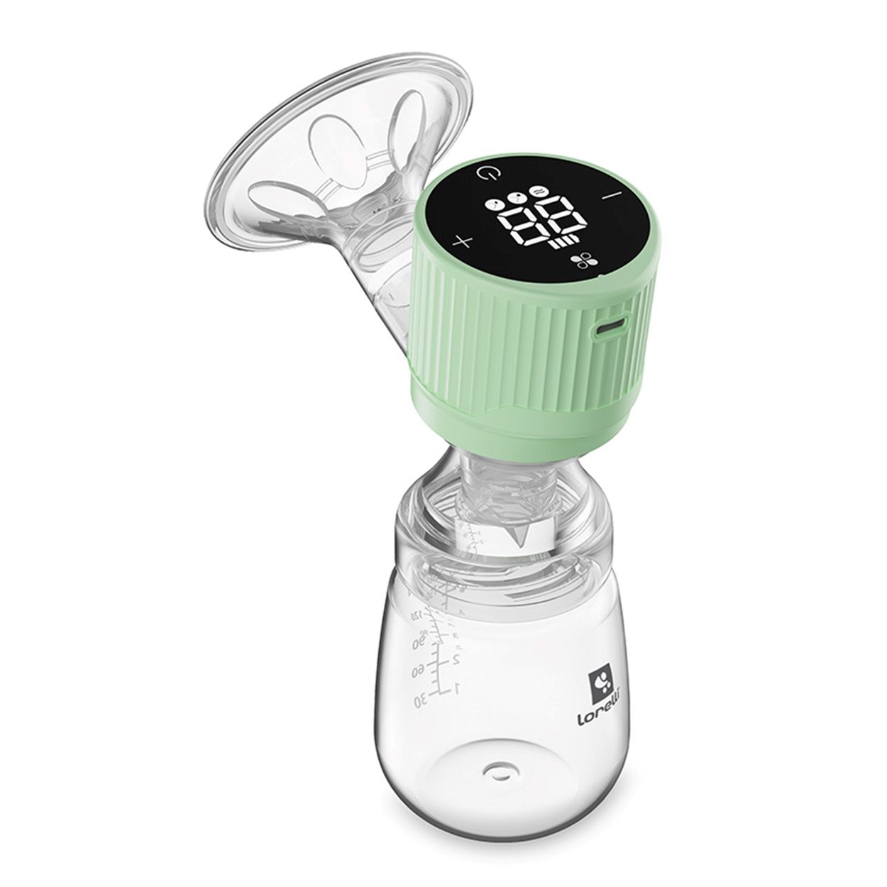 Ein grüner Milchpumpen-Aufsatz mit digitalem Display auf einer durchsichtigen Flasche.