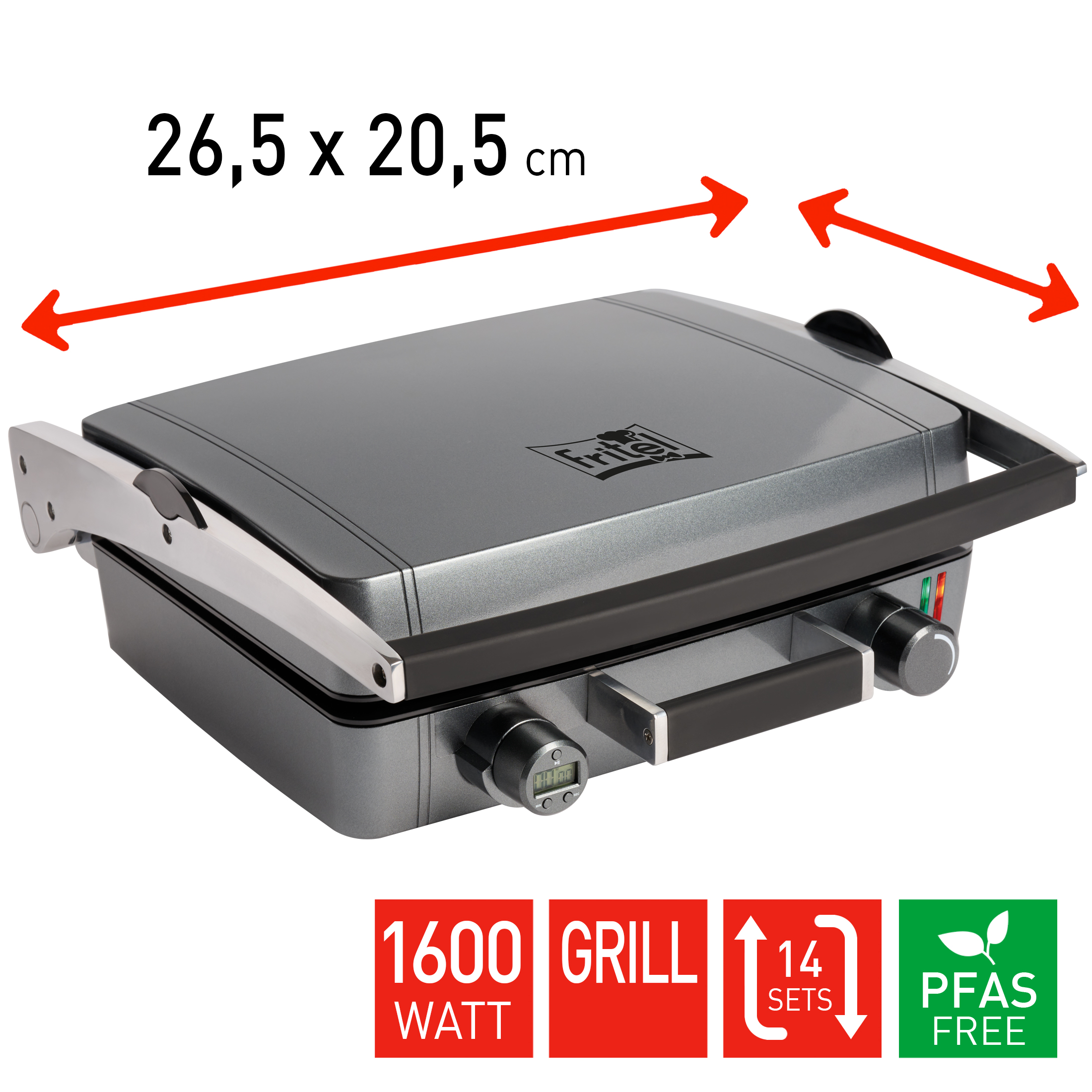 Gray contact grill with red dimensions 26.5x20.5 cm, 1600 watts, 14 sets.