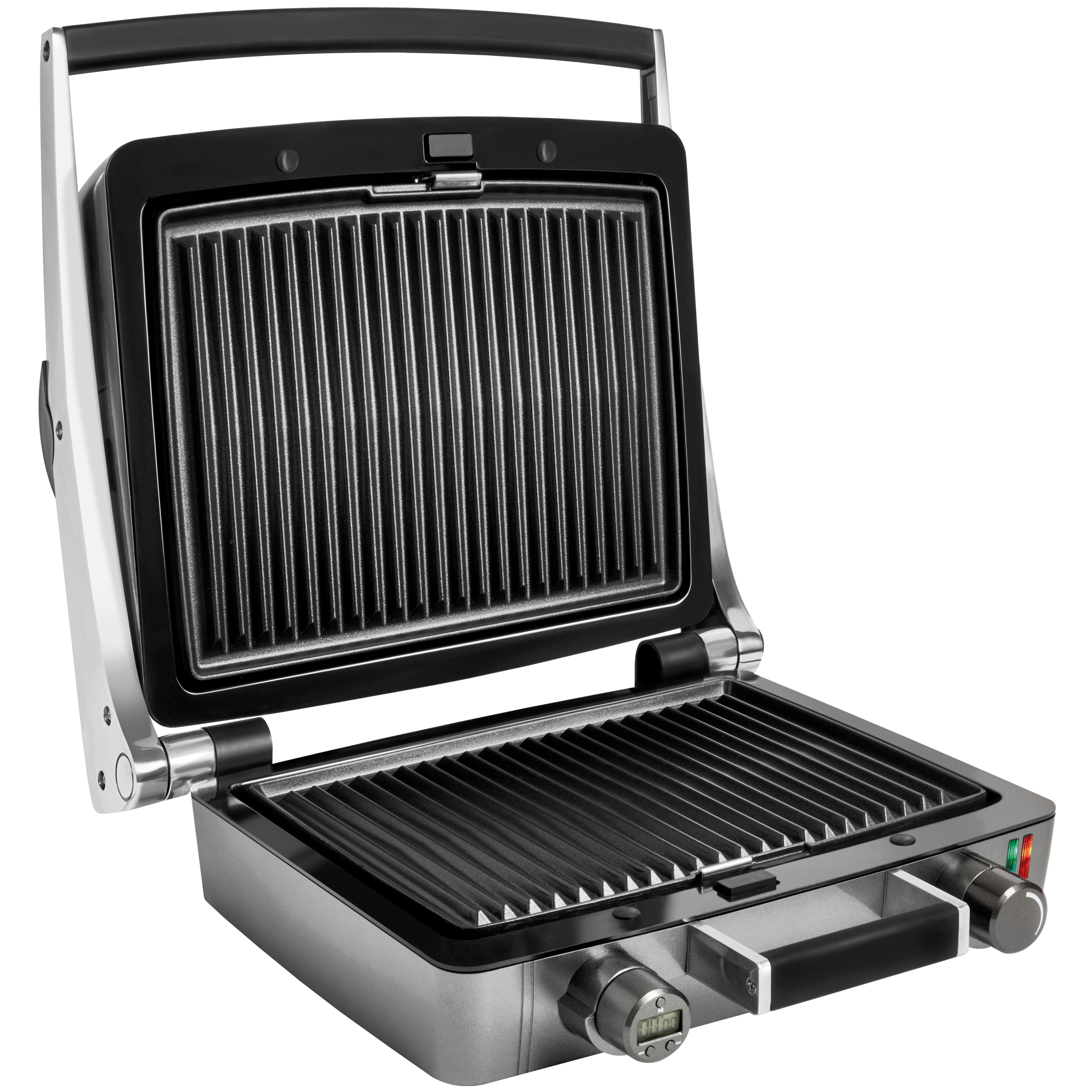 An open silver contact grill with black grill plates and handles.