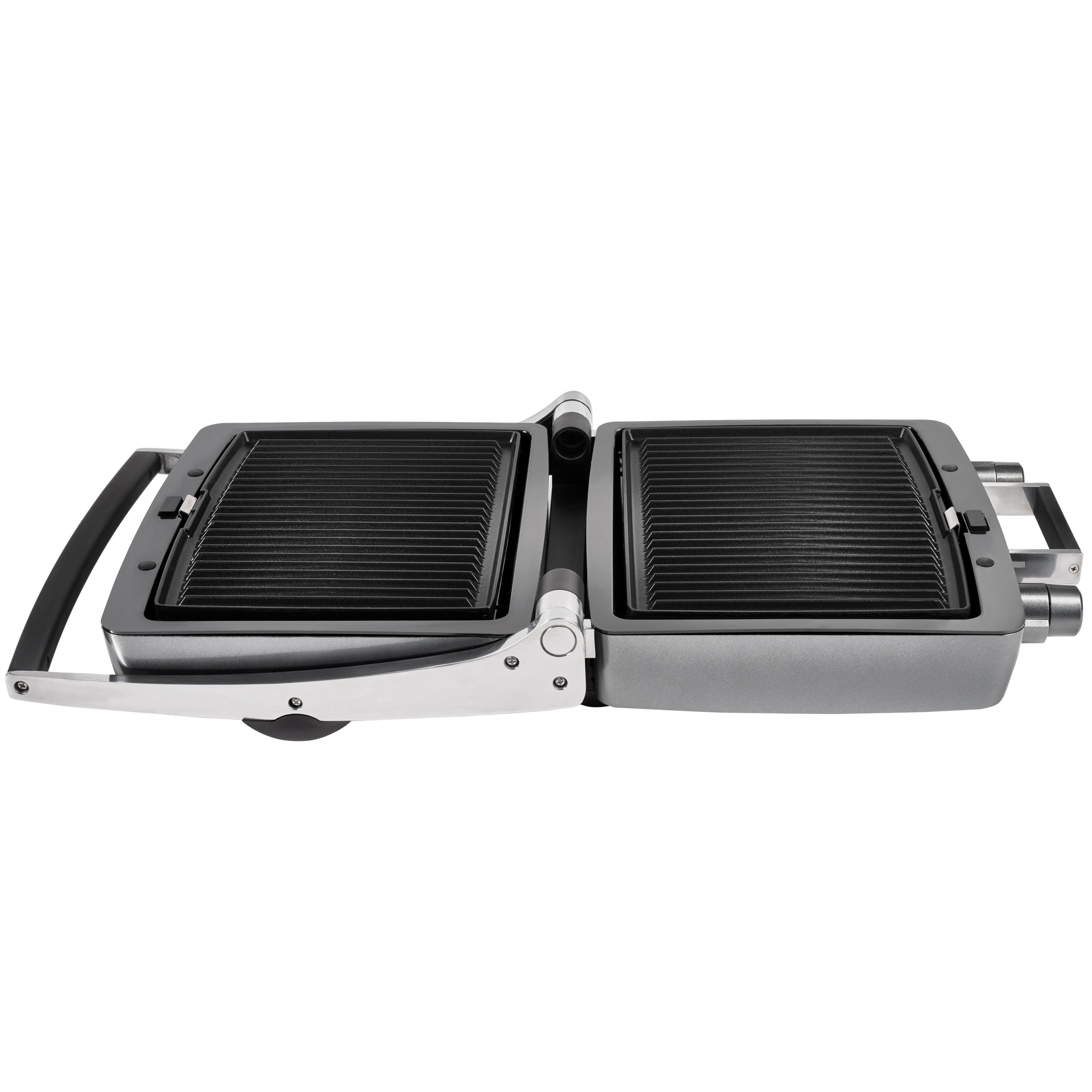 An open contact grill with black grill plates and silver accents.