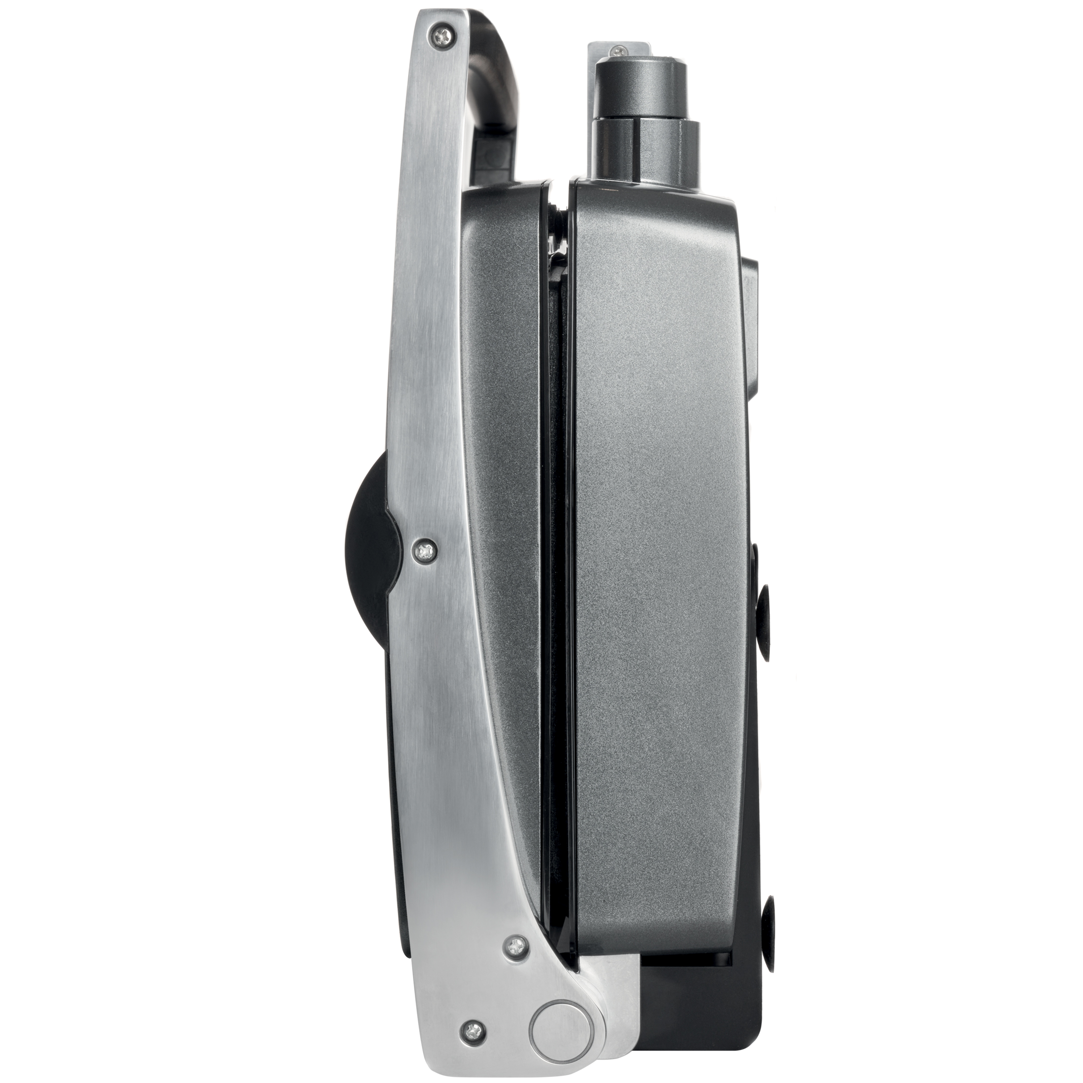 A closed sandwich press made of metal and plastic.
