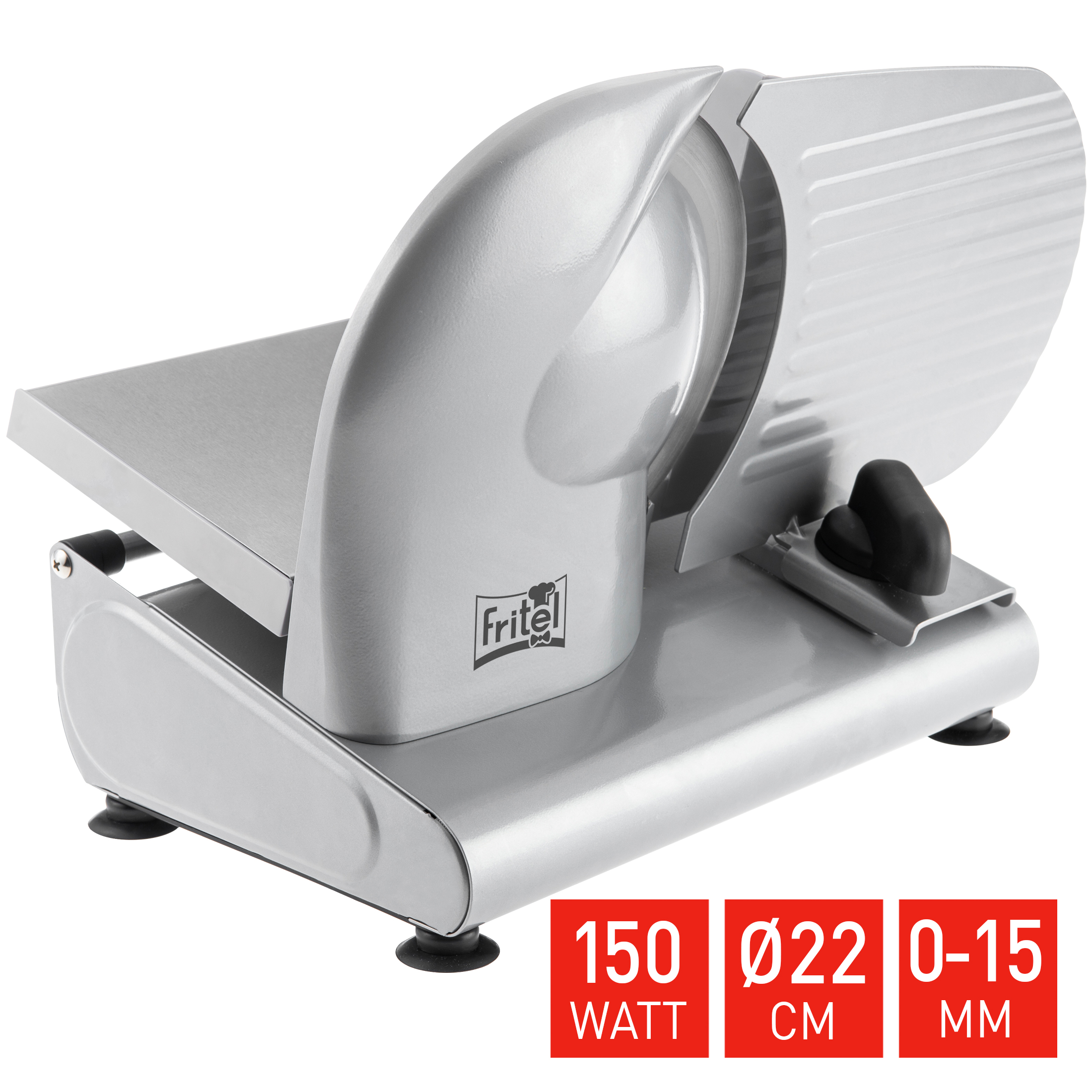 Affettatrice elettrica argento 150W, lama 22cm, spessore 0-15mm.