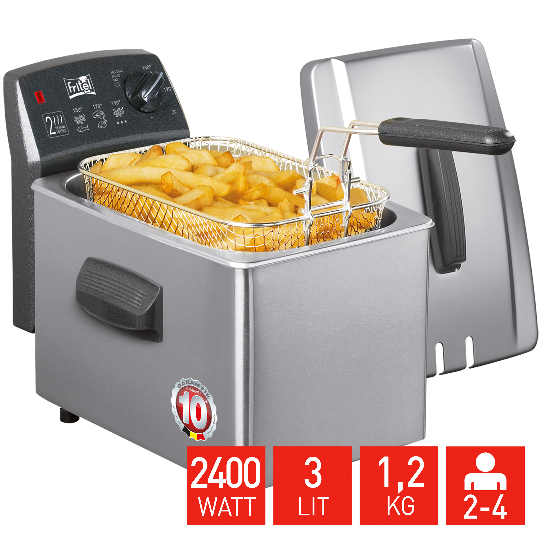 RVS friteuse met frietjes en bedieningselementen.