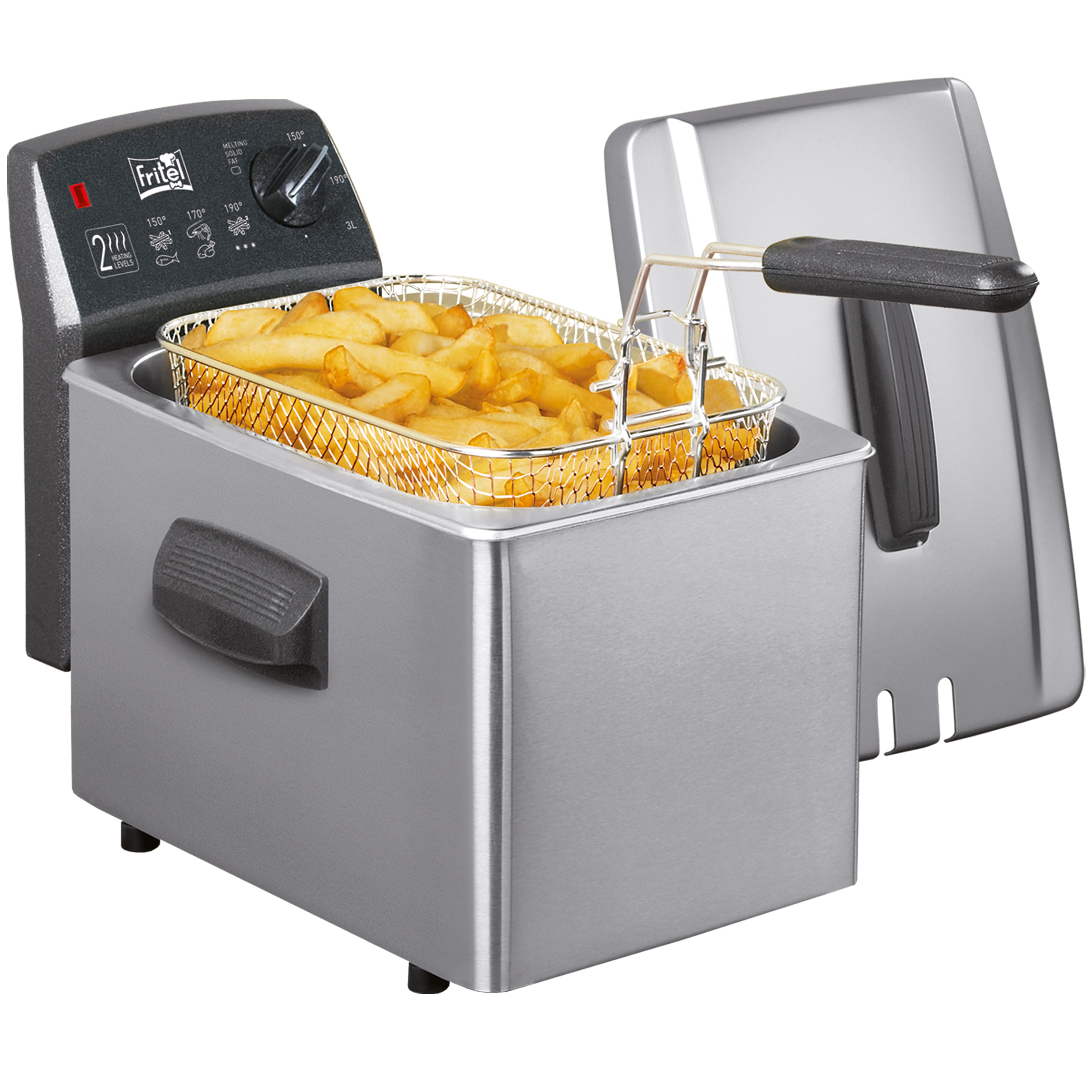 Een zilveren frituurpan met een volle metalen mand met frietjes.