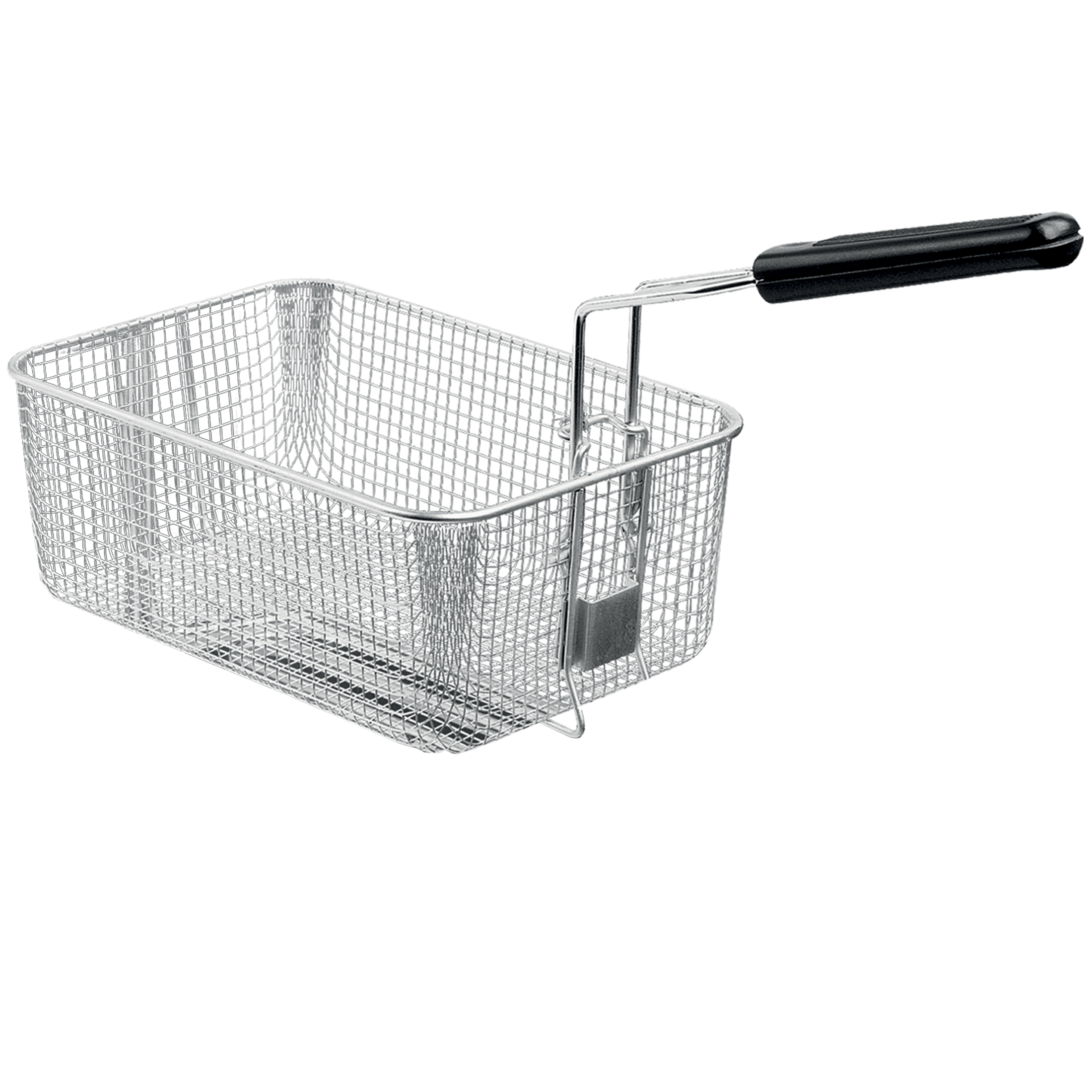 Een zilveren metalen mand met zwart handvat voor frituren.