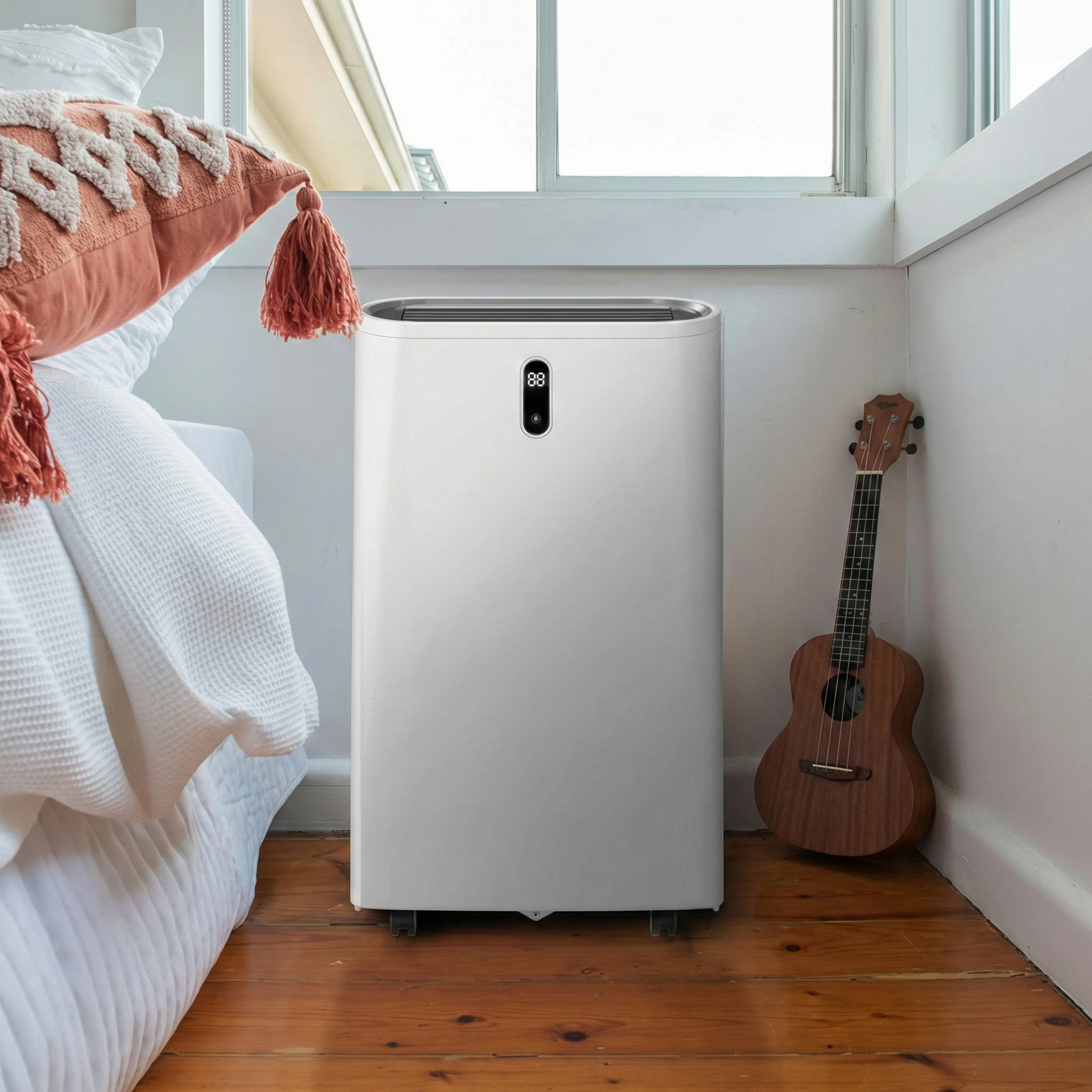 Ein weißer Luftentfeuchter steht neben einem Bett mit orangefarbenem Kissen und einer Ukulele.