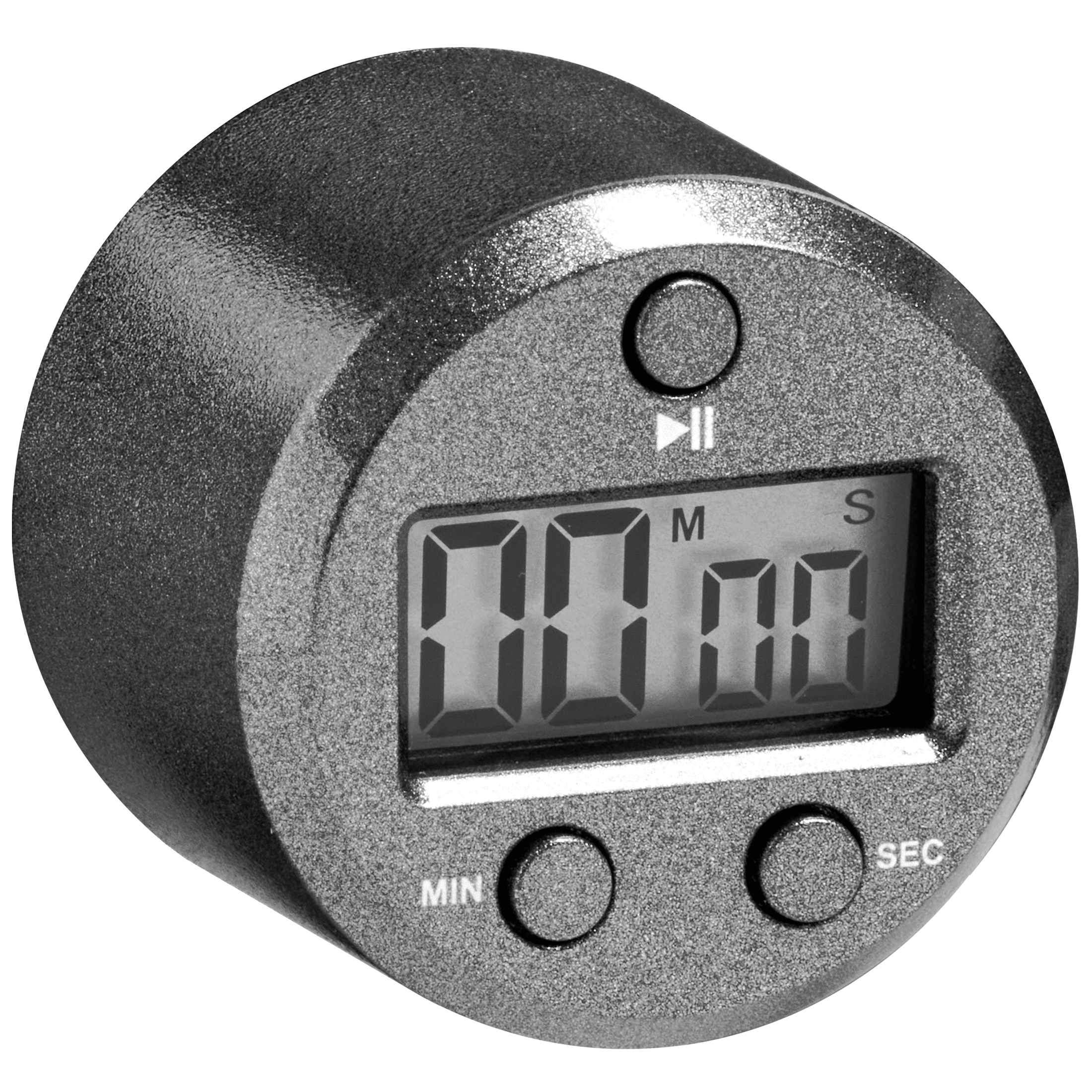Un timer digitale grigio con pulsanti neri e display LCD.