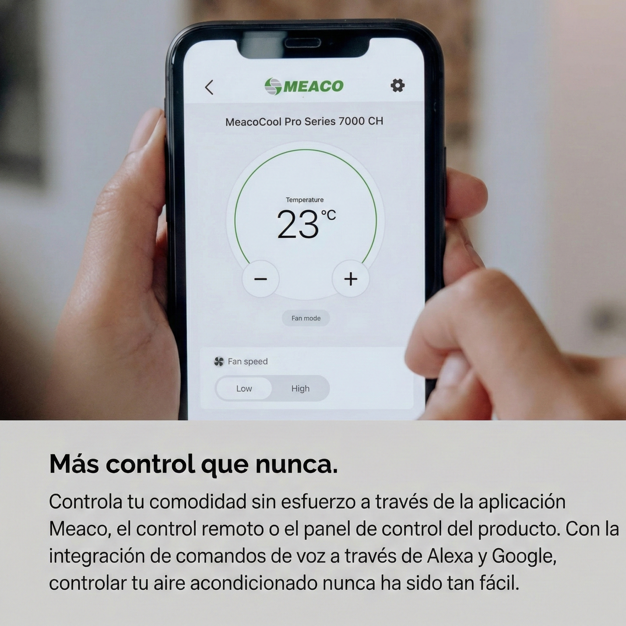 Ein Smartphone zeigt die Meaco-App mit 23°C und Lüftereinstellungen.