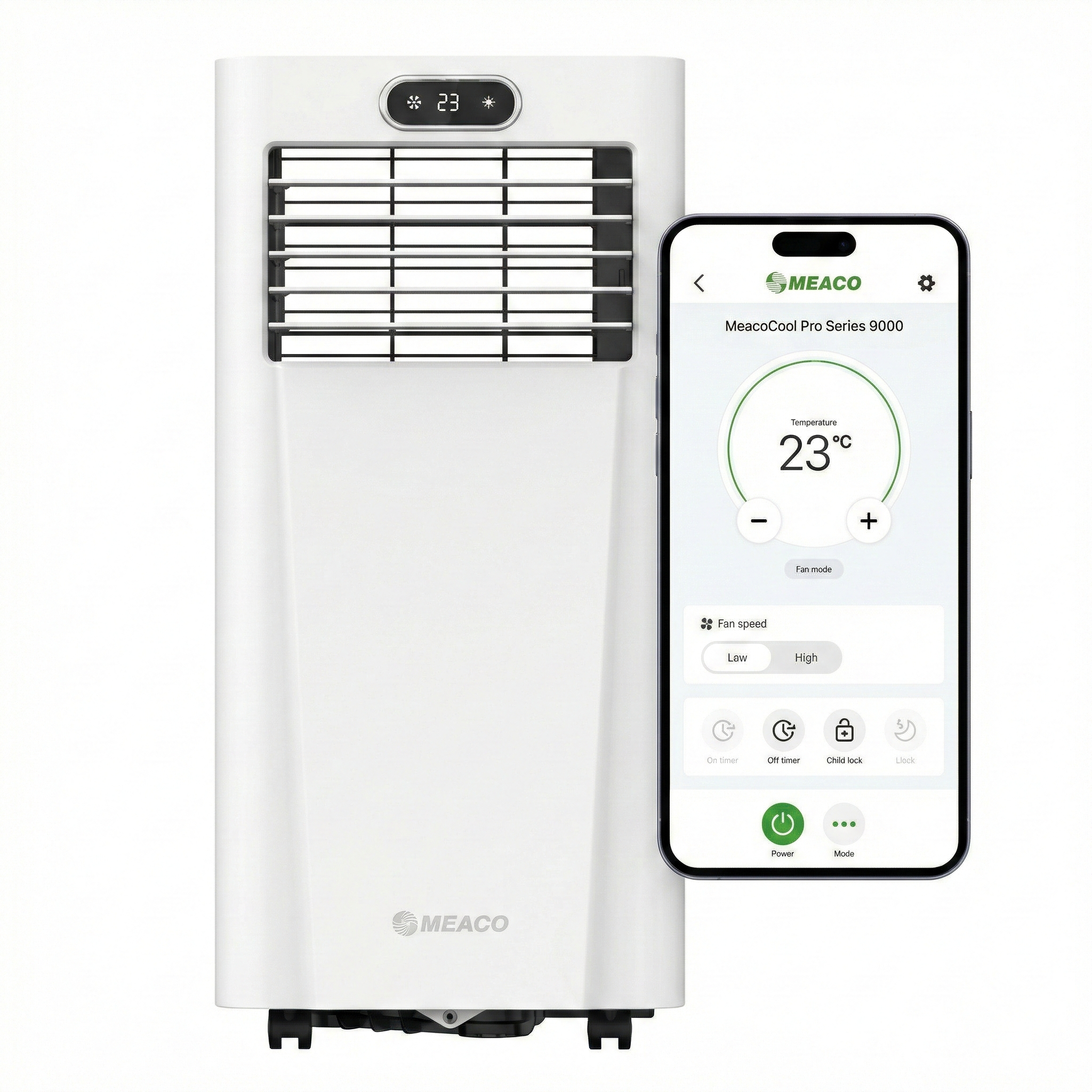 Ein weißes Klimagerät neben einem Smartphone mit der MeacoCool App.