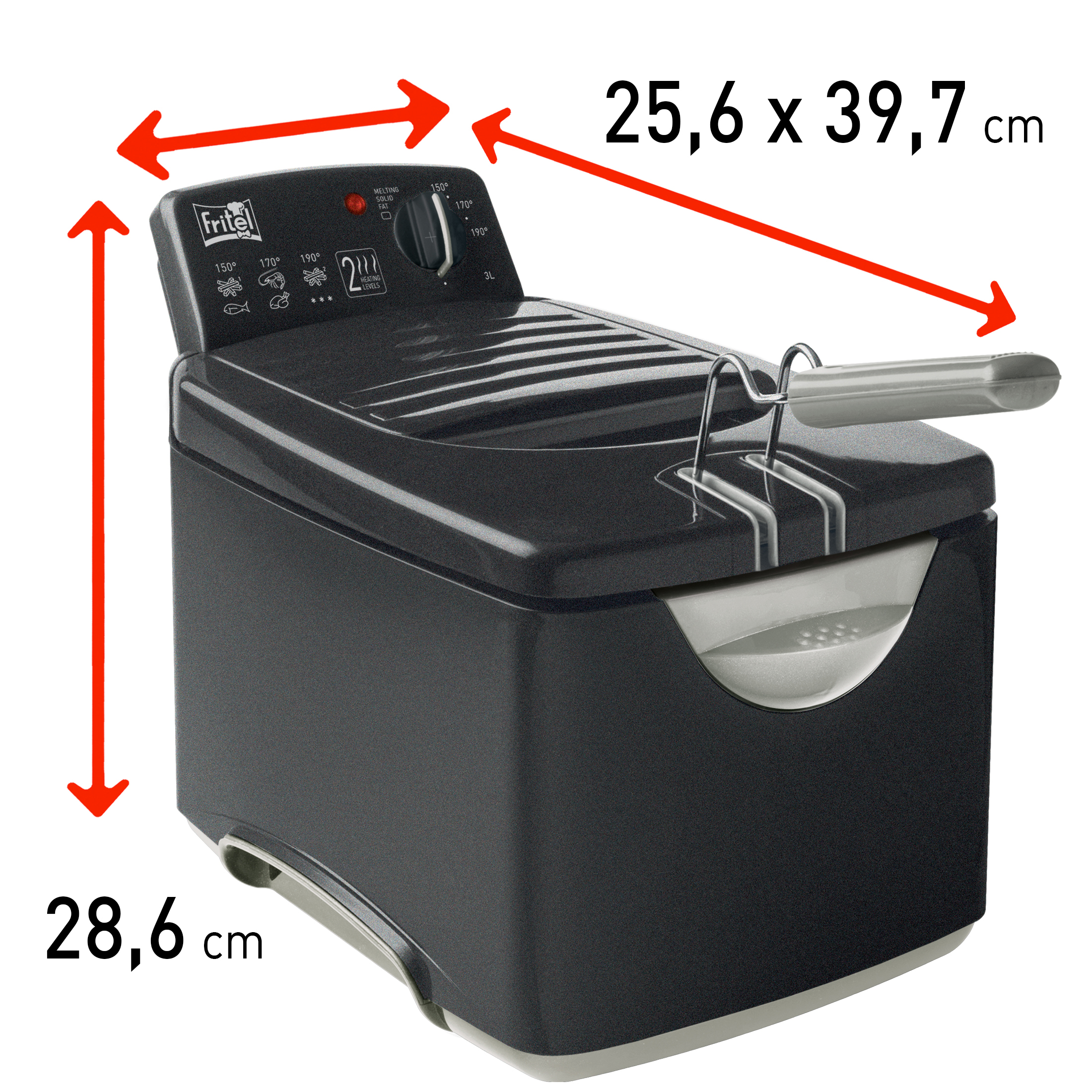 Een donkere friteuse met temperatuurregeling, 28,6 x 25,6 x 39,7 cm.