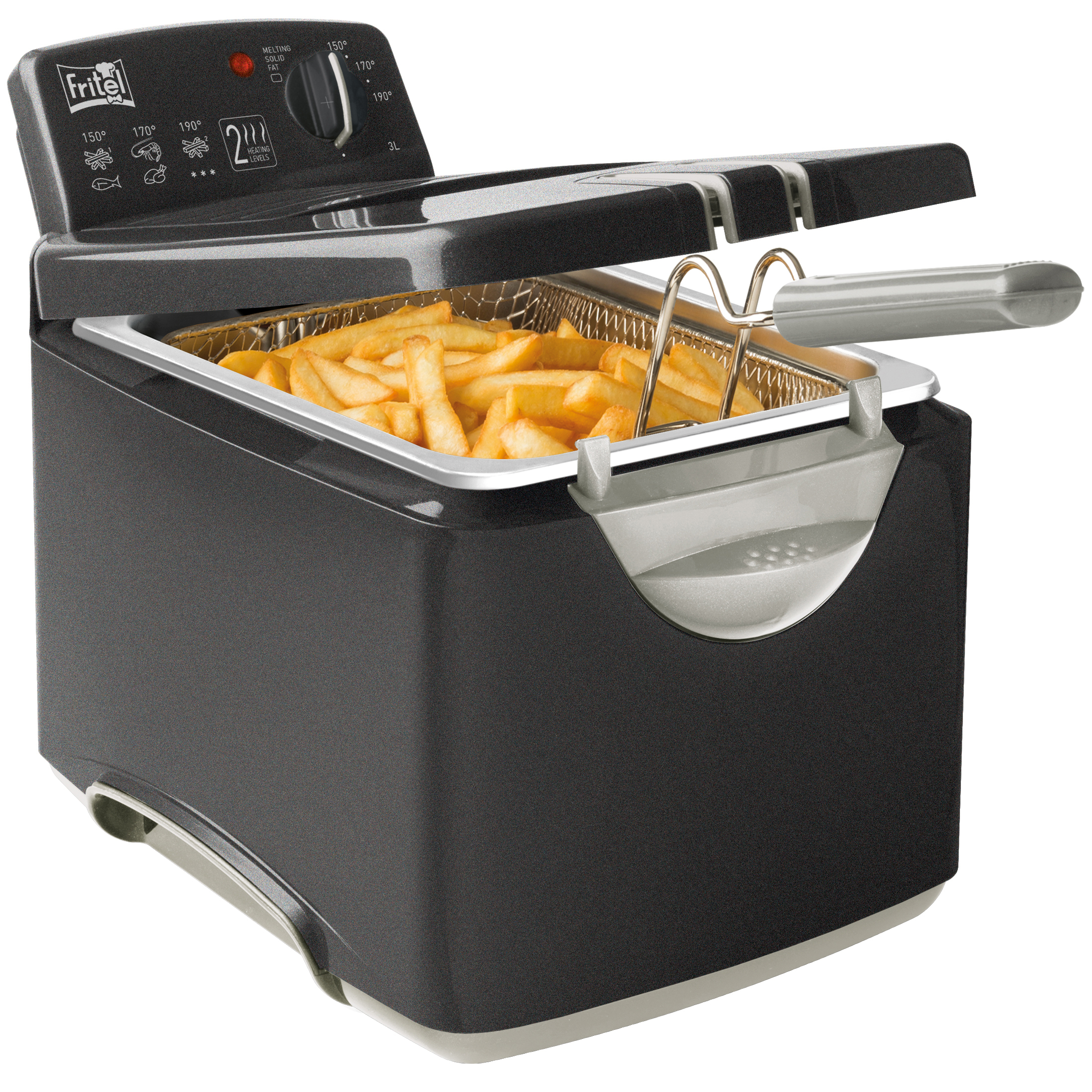 Een donkere friteuse met een mand vol goudbruine frietjes.