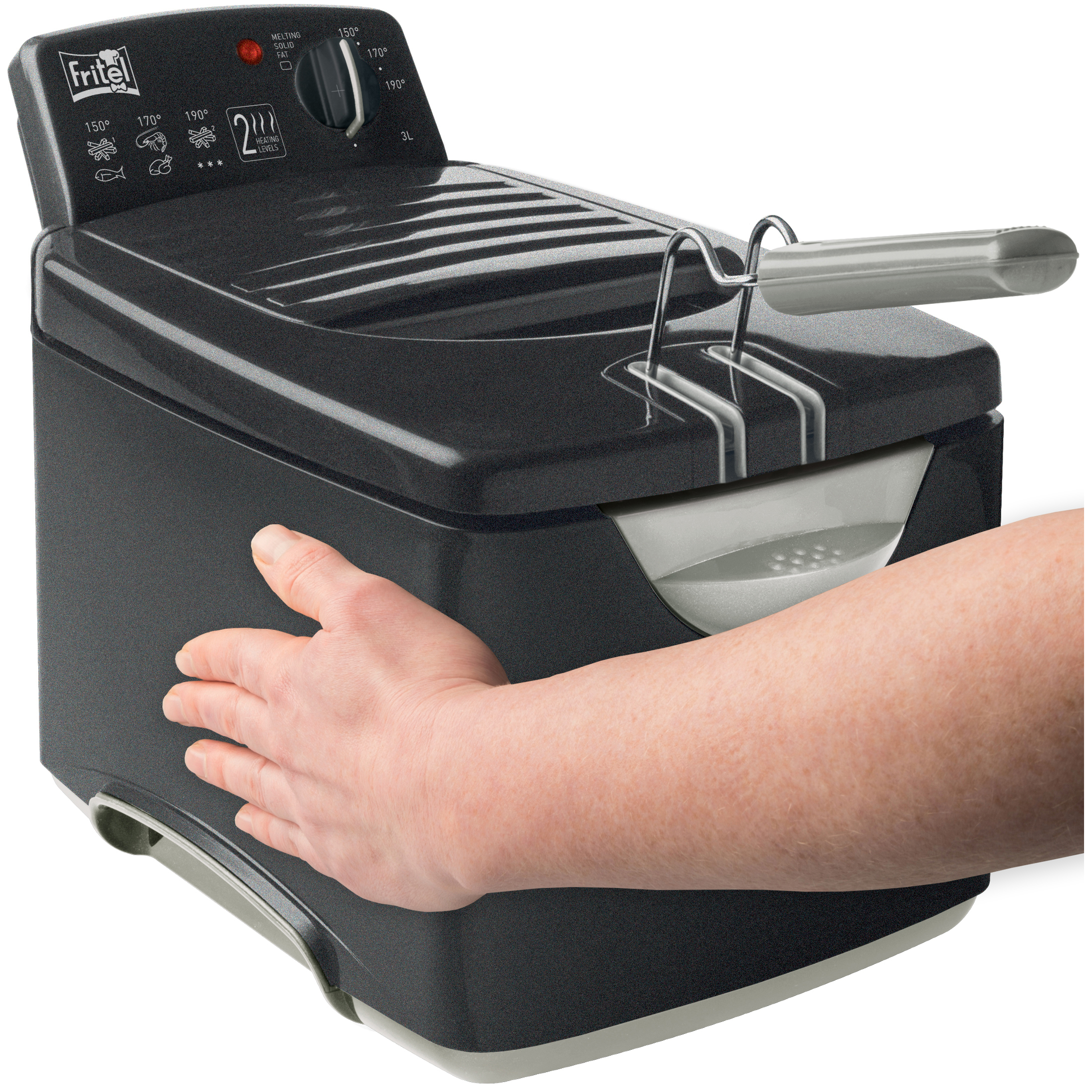 Een hand raakt een donkere friteuse aan met temperatuurregelaars en kookpictogrammen.