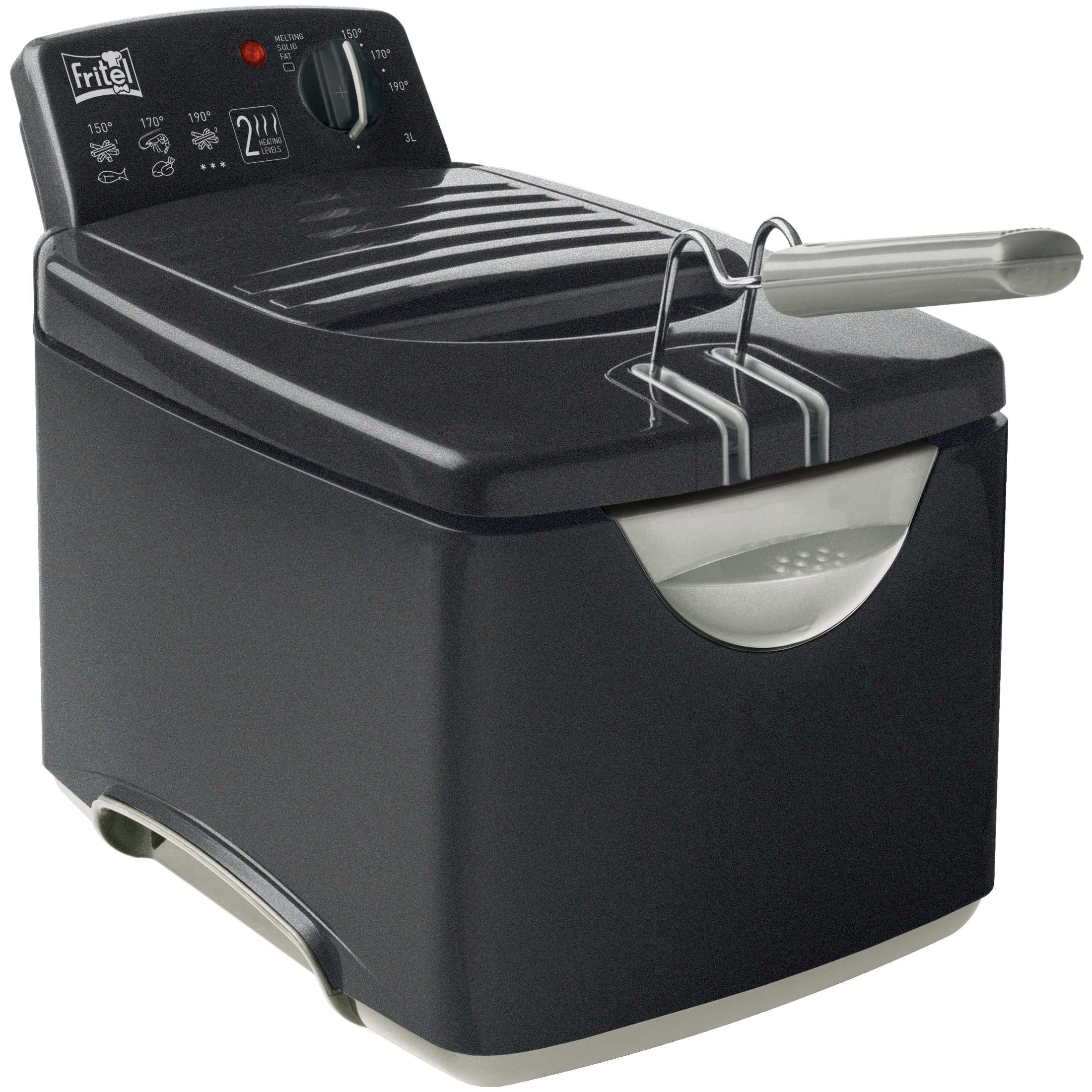 Donkergrijze friteuse met zilverkleurig handvat. Temperatuurkiezer en verwarmingsniveaus.