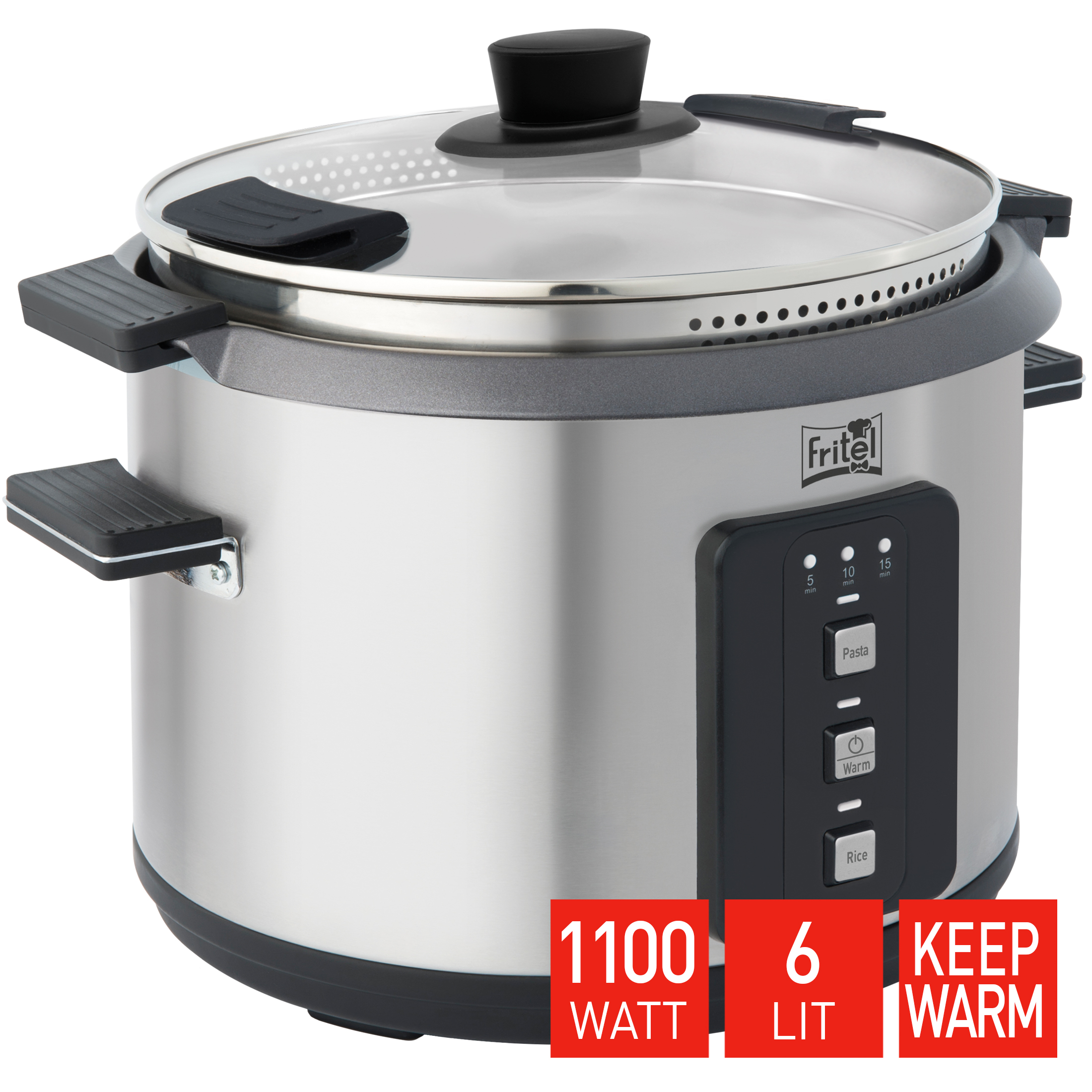 Stainless steel rice cooker with glass lid, 1100W, 6L capacity, buttons for Pasta, Warm, Rice.
