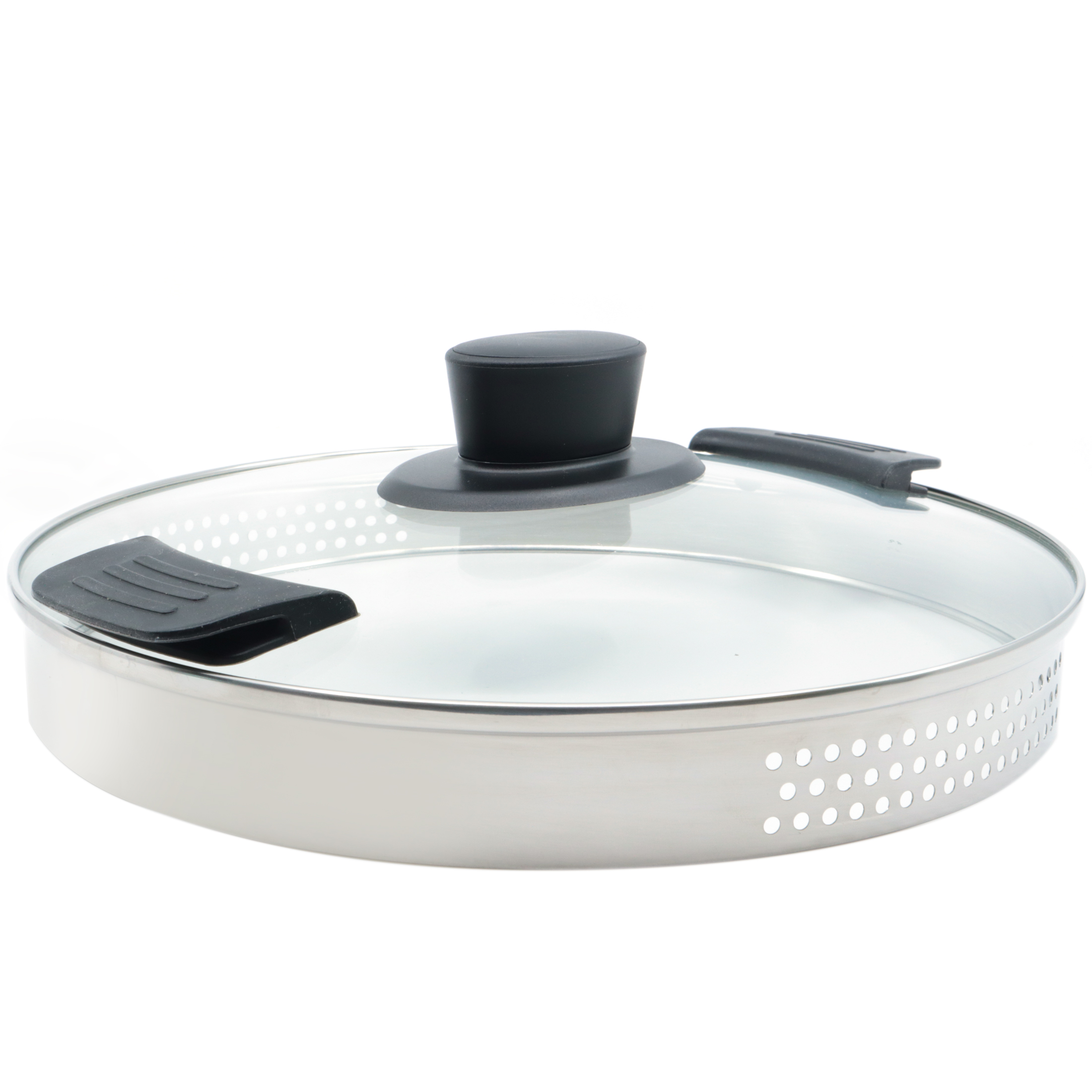 A silver pot lid with a glass center, black handle, and holes.
