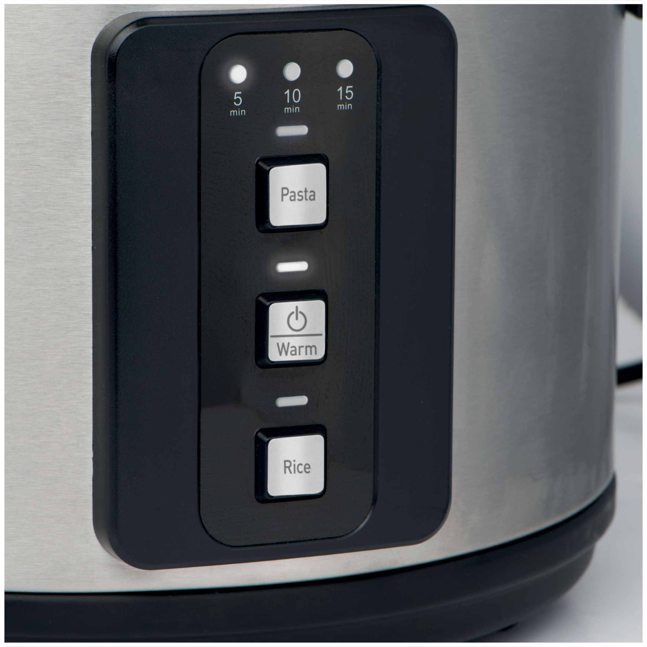 Sleek control panel with buttons for Pasta, Warm, and Rice.