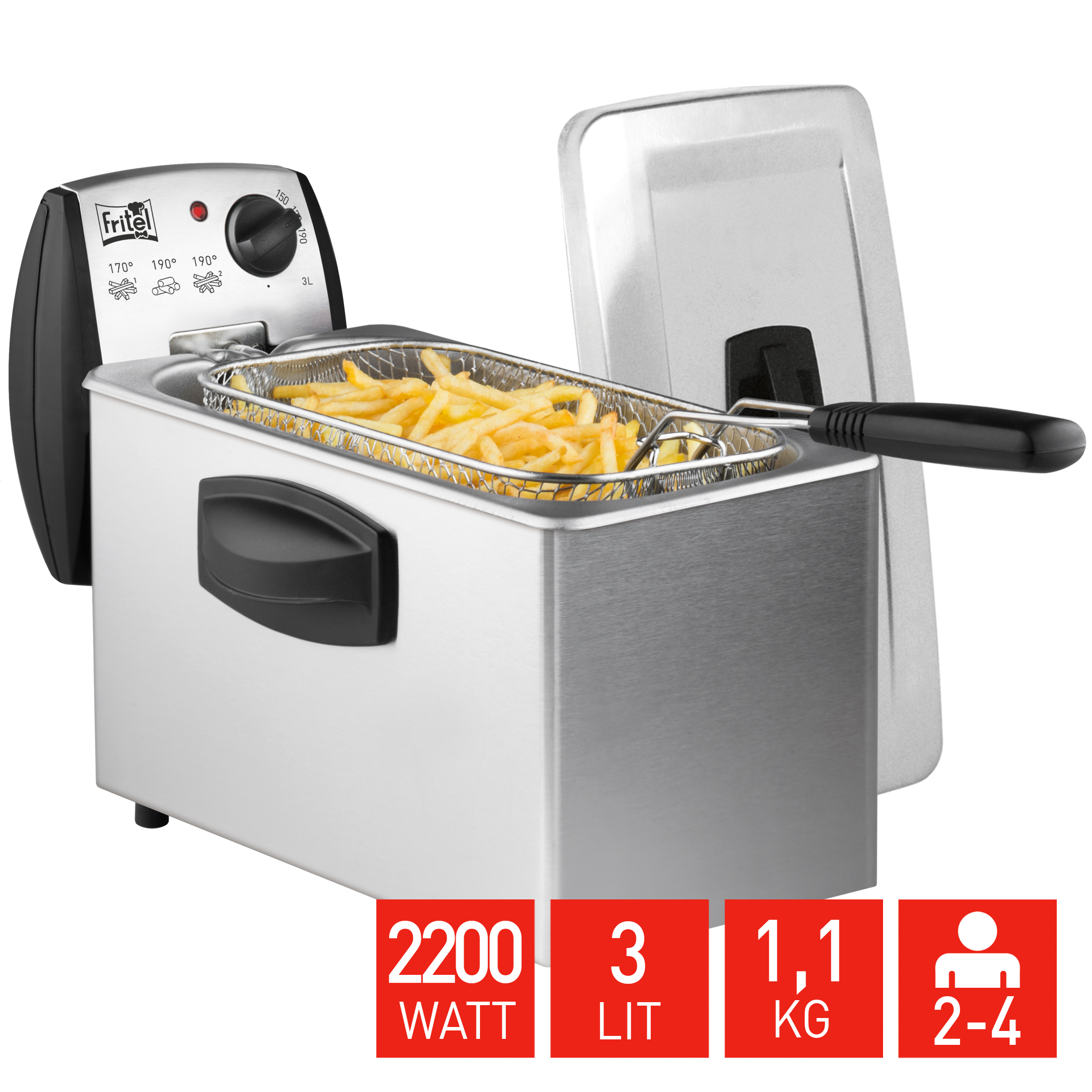 Zilveren frituurpan met frietjes in mand. Specificaties: 2200W, 3L, 1,1kg, 2-4 personen.