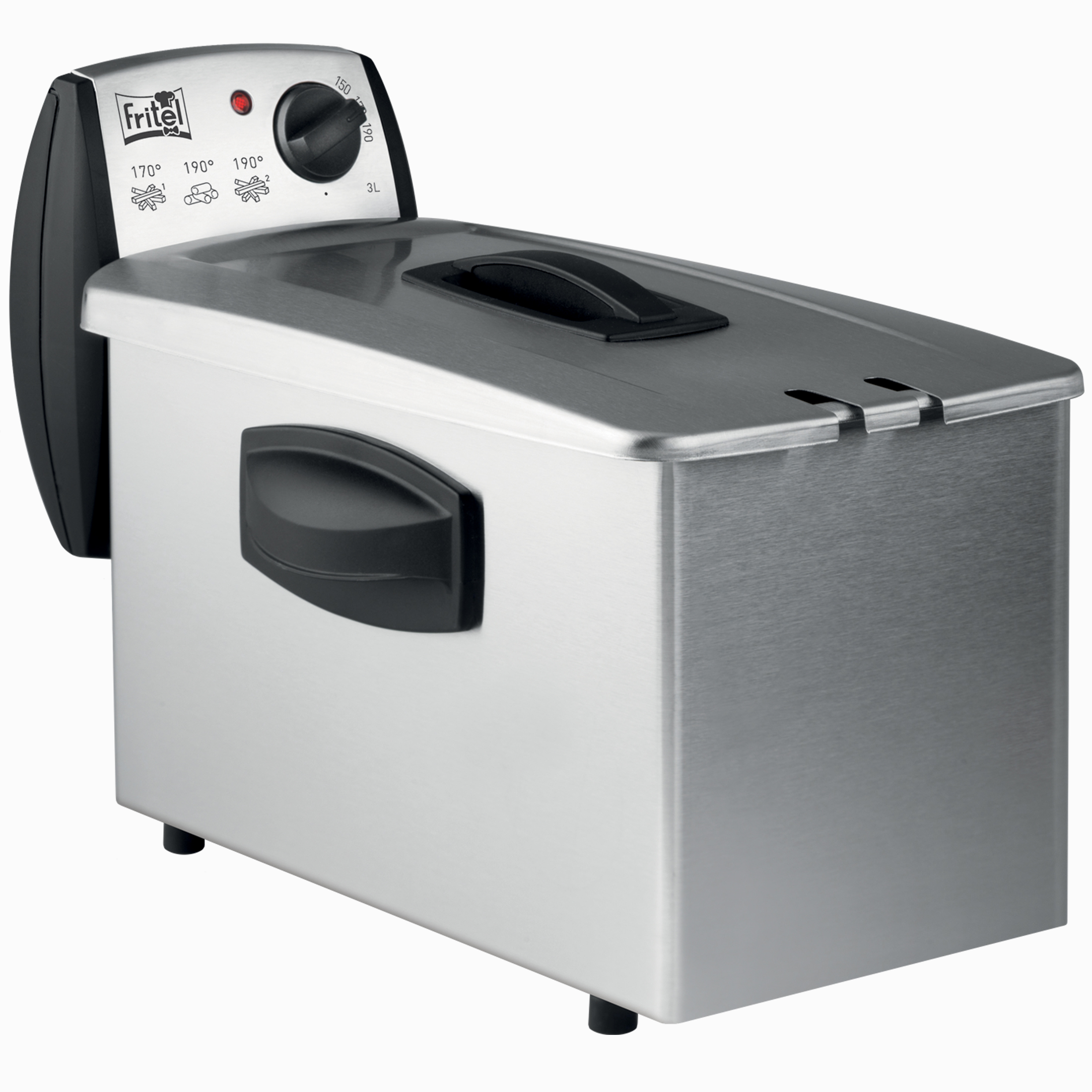 Zilverkleurige frituurpan met zwart deksel en handvat. Temperatuurregelaar bovenop.
