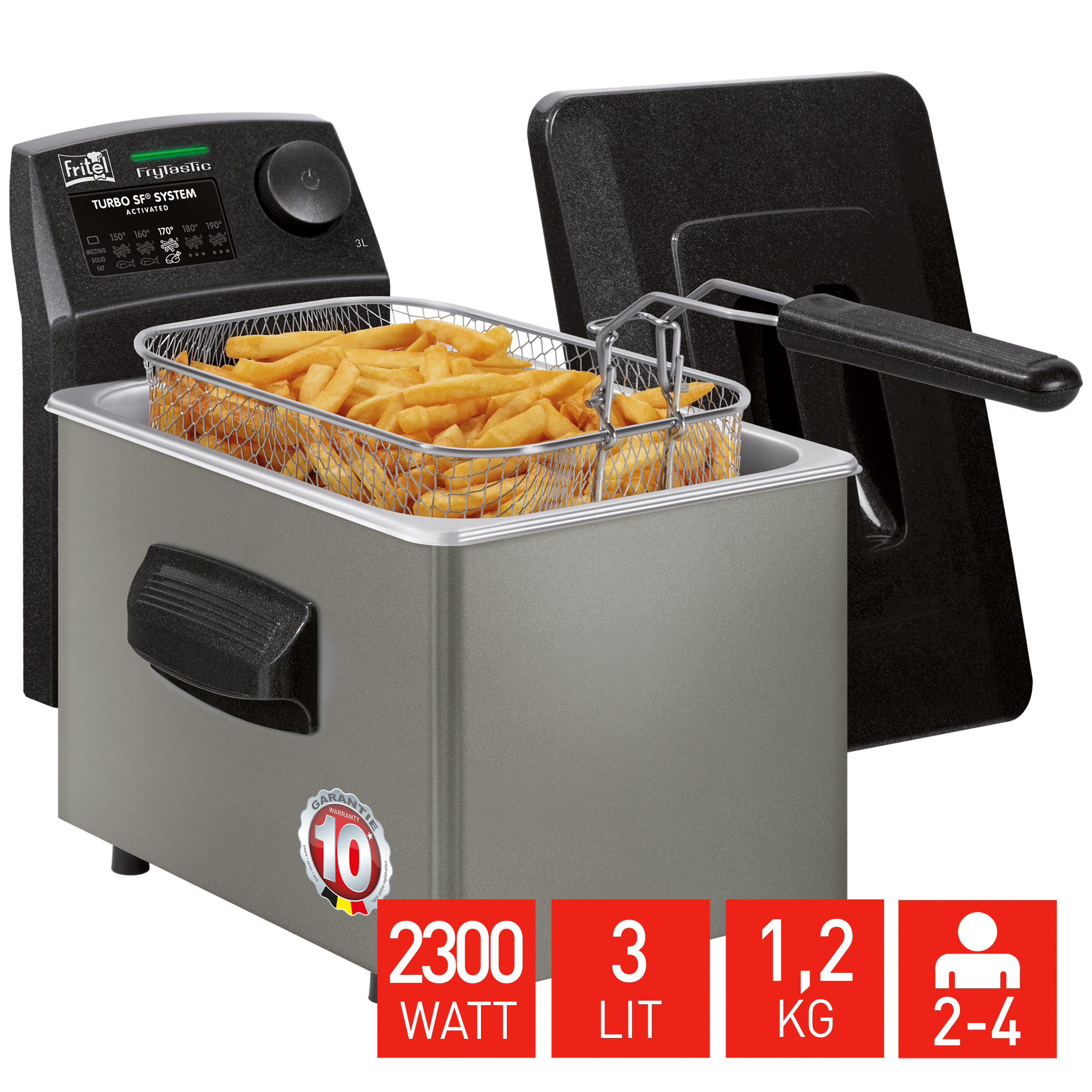 Eine Fritteuse mit Frittierkorb voller Pommes. Daten: 2300W, 3L, 1,2kg.