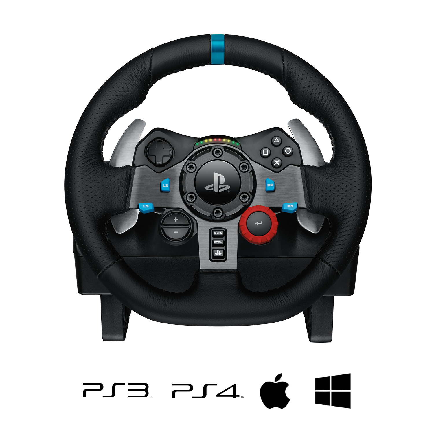 Un volante da gaming nero con accenti blu, pulsanti e loghi PlayStation.