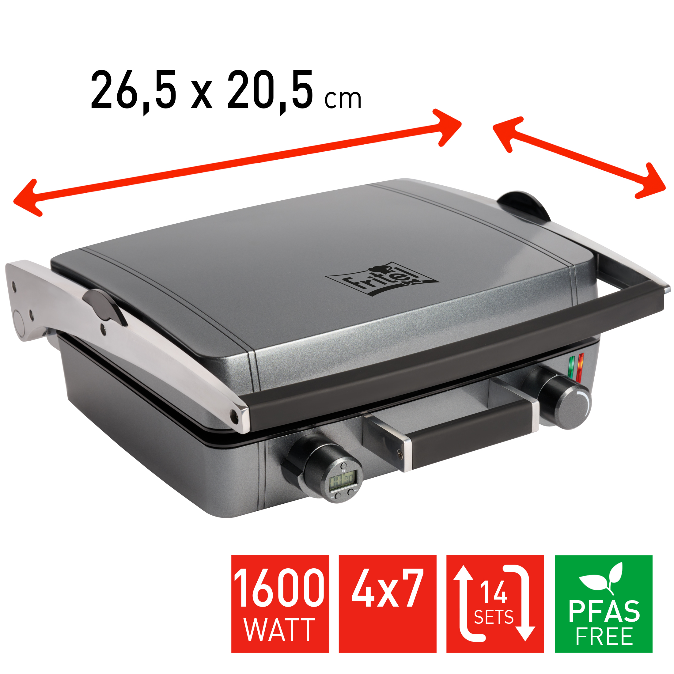 Grill a contatto grigio con misure rosse e icone di potenza.