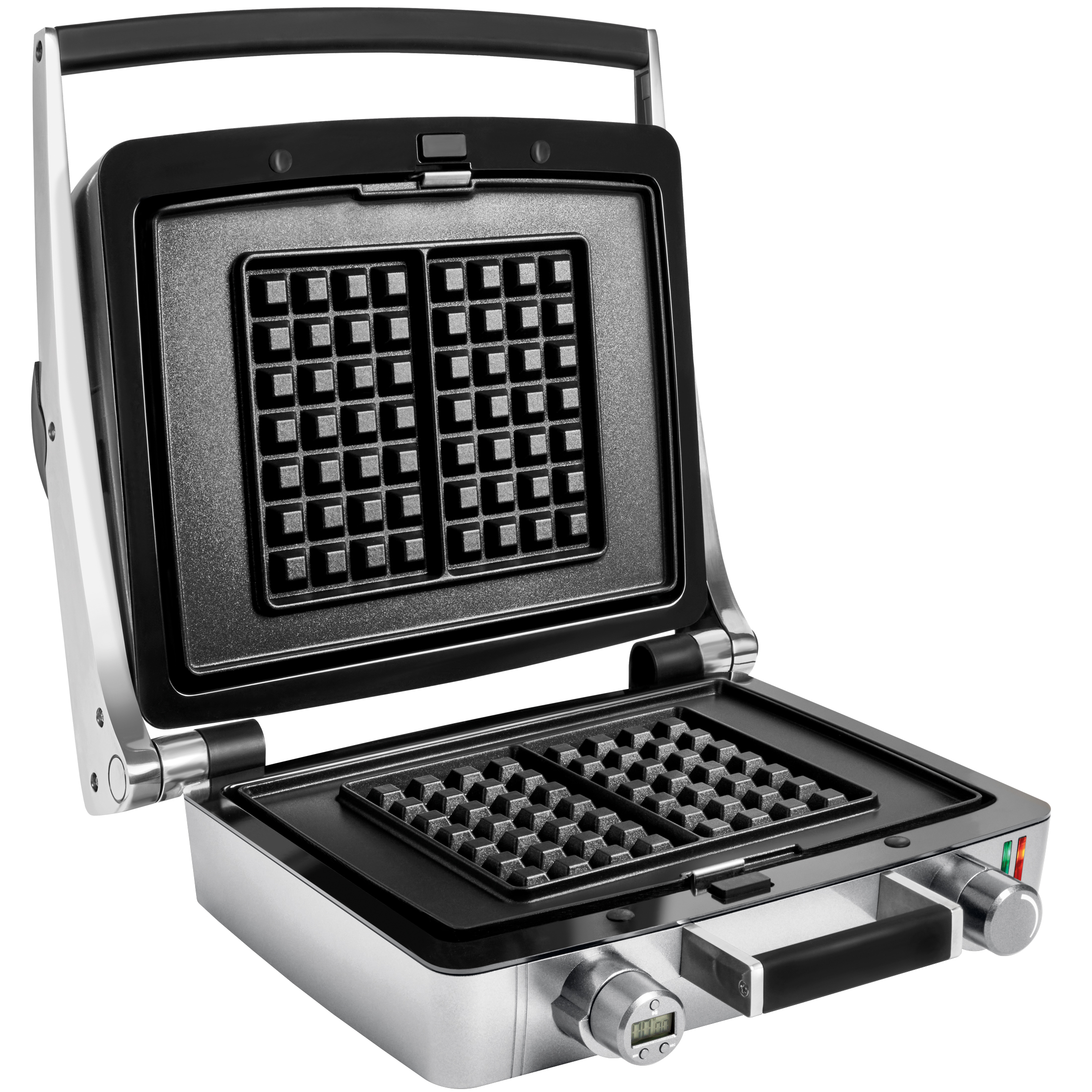 Una piastra per waffle aperta, argento e nera, con griglie quadrate su sfondo bianco.