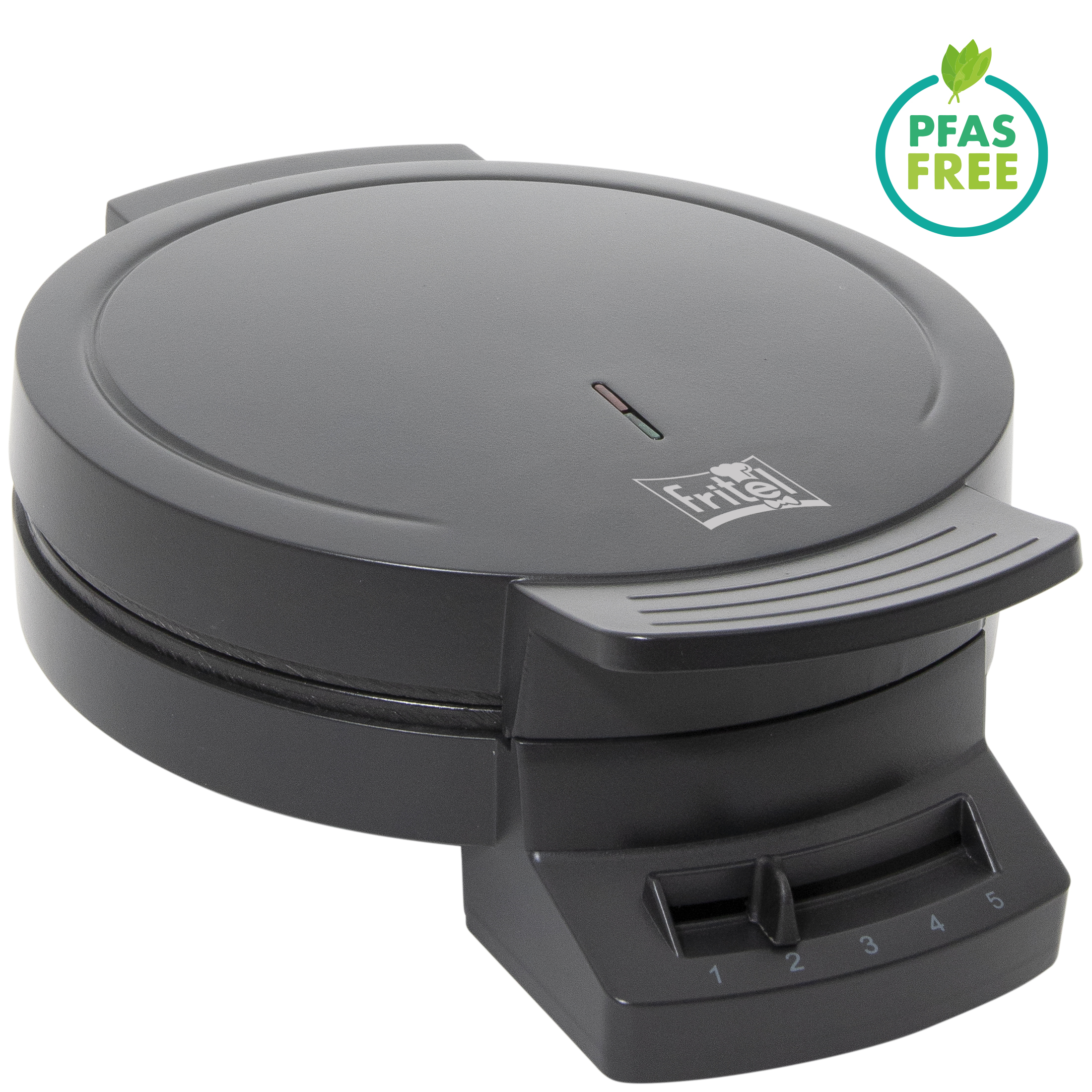 Black waffle maker with PFAS FREE seal and temperature dial.