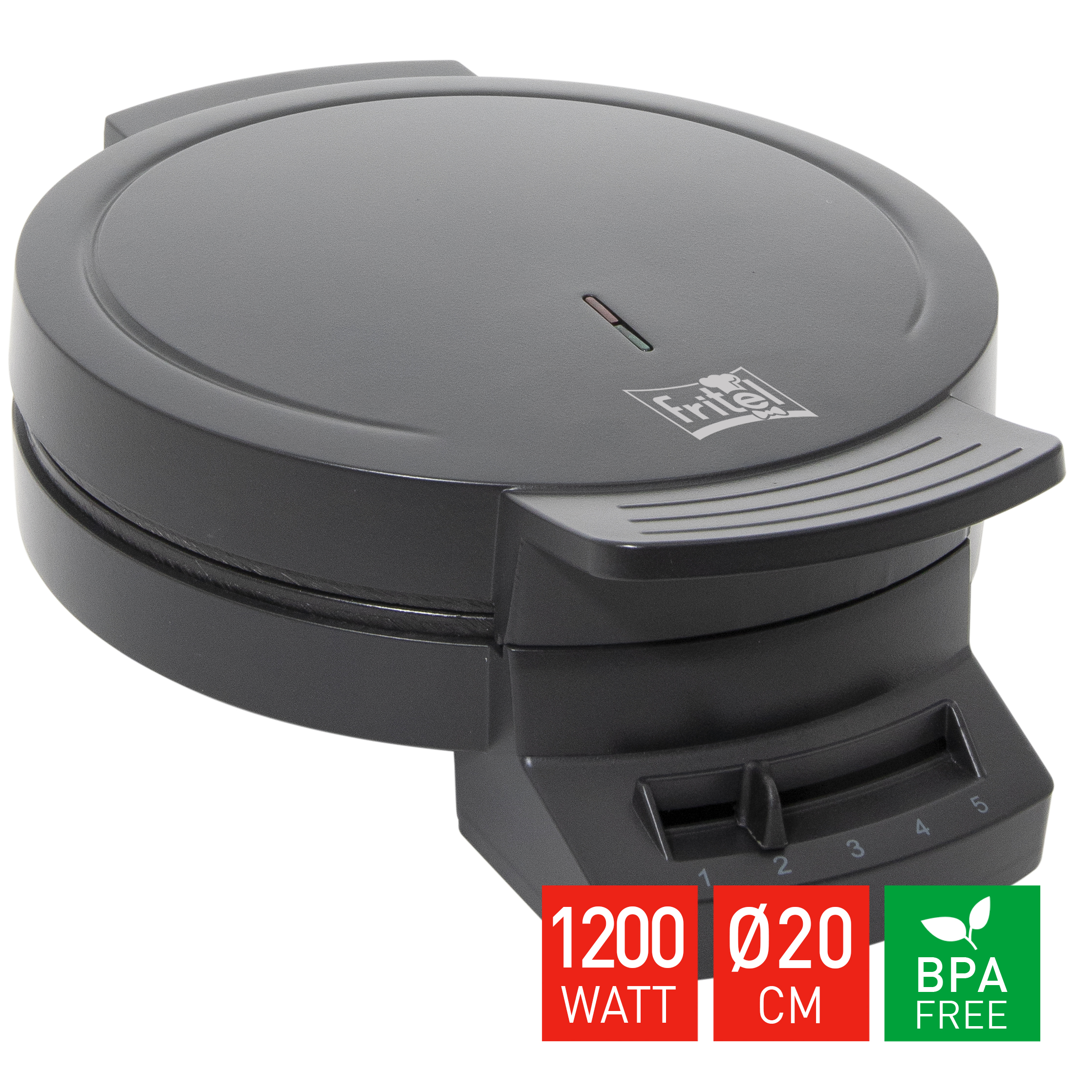 A gray waffle maker with 1200 watts, 20 cm diameter, BPA-free.